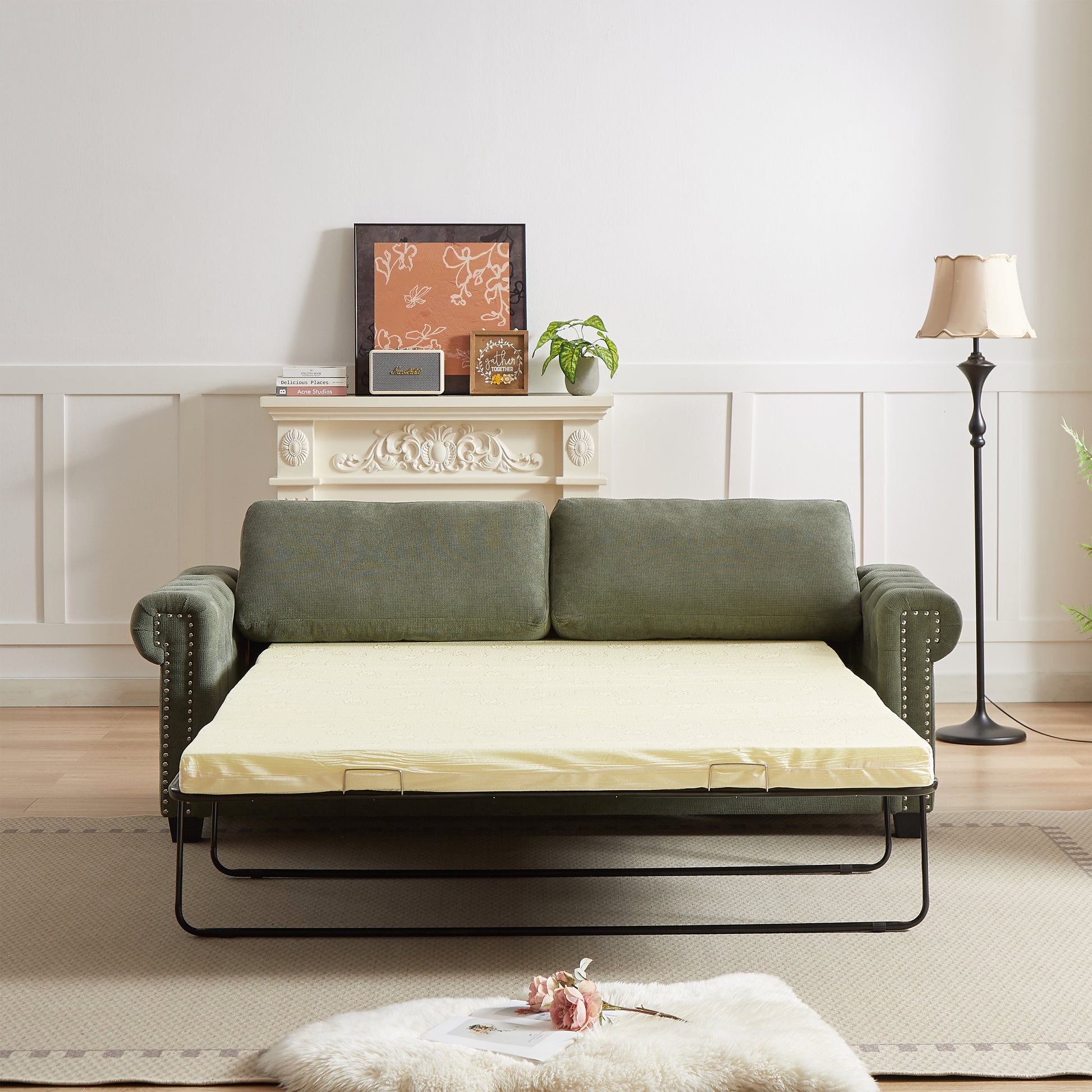 Fx 83.8" Convertible Sleeper Sofa Bed, 2 In 1 Pullout Sofa Bed, Polyester Sleeper Sofa Bed With Folding Mattress, Living Room Pullout Sofa Bed, Apartment Small Space Sofa Sleeper Green Polyester Pine Foam Fabric 3 Seat