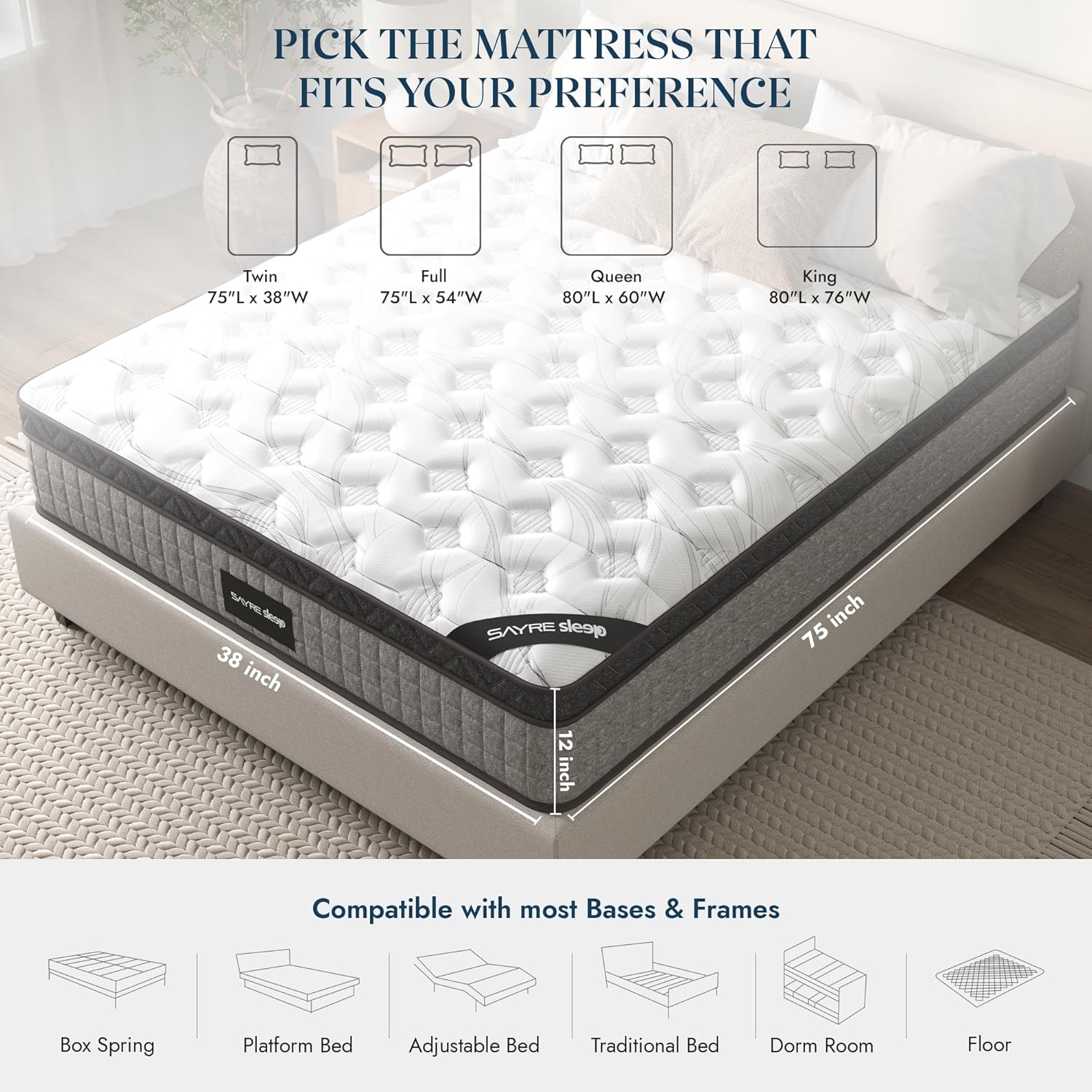 Assembled In Usa High Quality 12" King Diamond Innerspring Hybrid And Cooling Gel Memory Foam Mattress, Pressure Relief, And Motion Isolation, Certipur Us And Oeko Tex Certified Gray Foam Spring