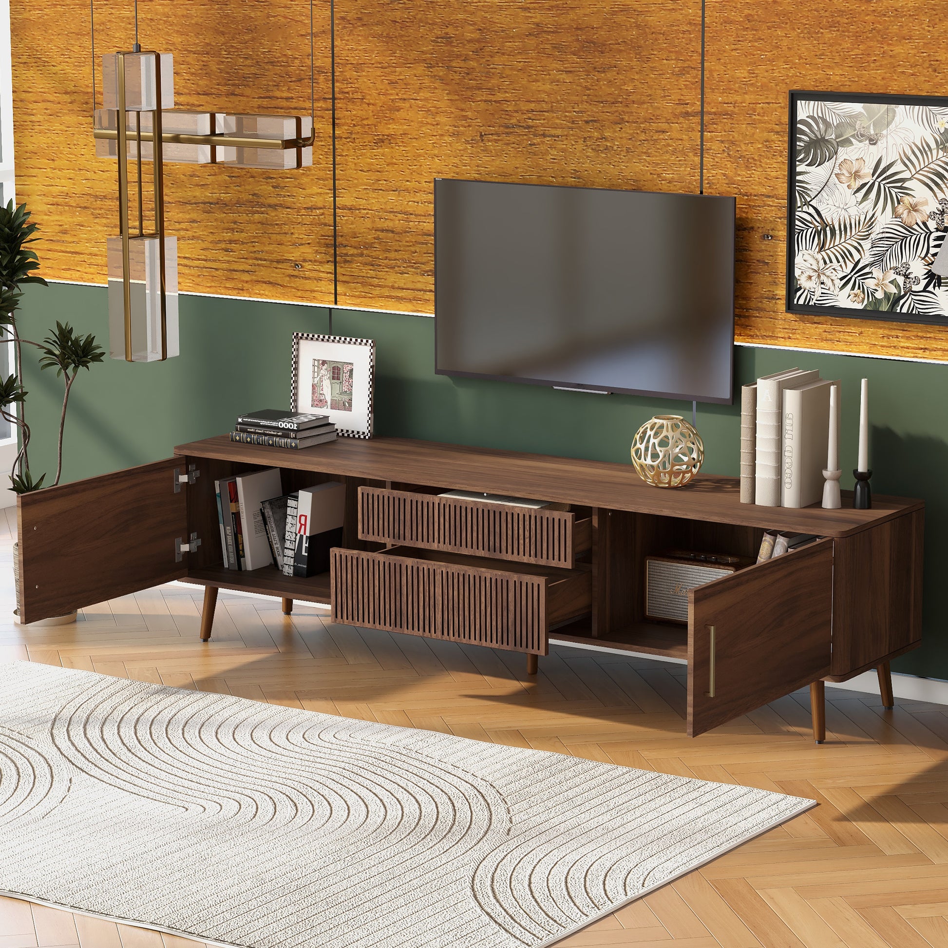 Mid Century Tv Stand With 2 Drawers, Media Console Table For Tvs Up To 80'', Entertainment Center With Storage For Living Room, Bedroom, Home Theatre Walnut Primary Living Space 70 79 Inches 70 79