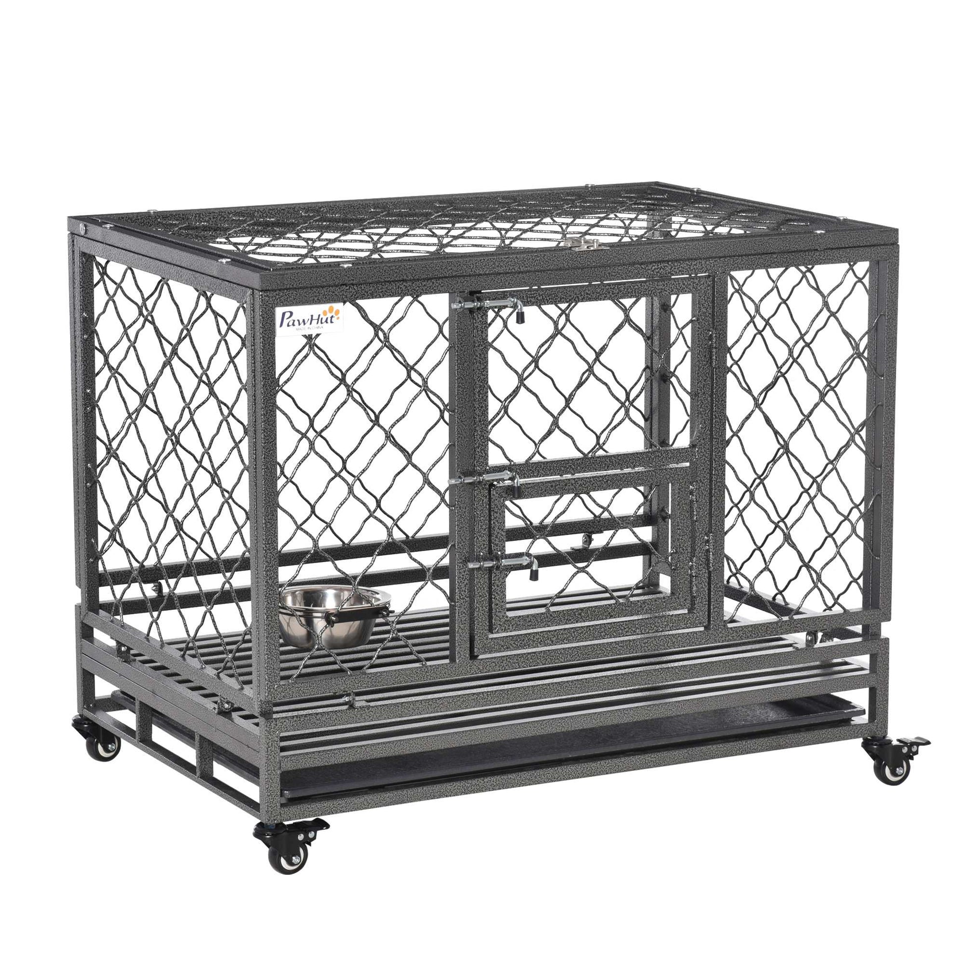 Pawhut Heavy Duty Dog Crate Metal Kennel And Cage Dog Playpen With Lockable Wheels, Slide Out Tray, Food Bowl And Double Doors, 36.5"L Black Steel