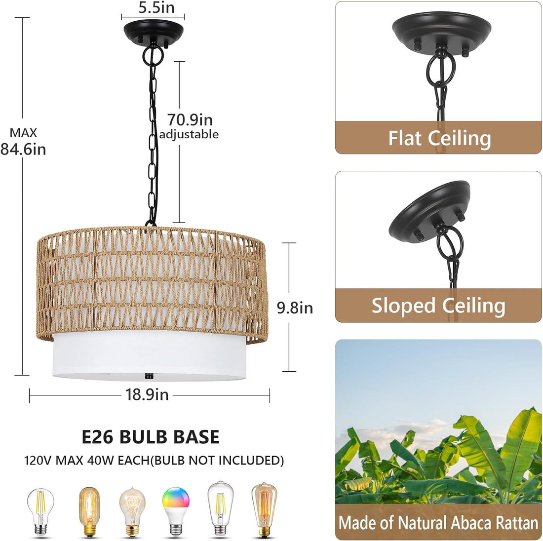 Farmhouse Chandeliers For Dining Room,5 Light Rattan Boho Chandelier Light Fixture With Fabric Shade,Hand Woven Large Rattan Dining Room Light Fixture For Kitchen Bedroom Island Hallway Brown Rattan Metal