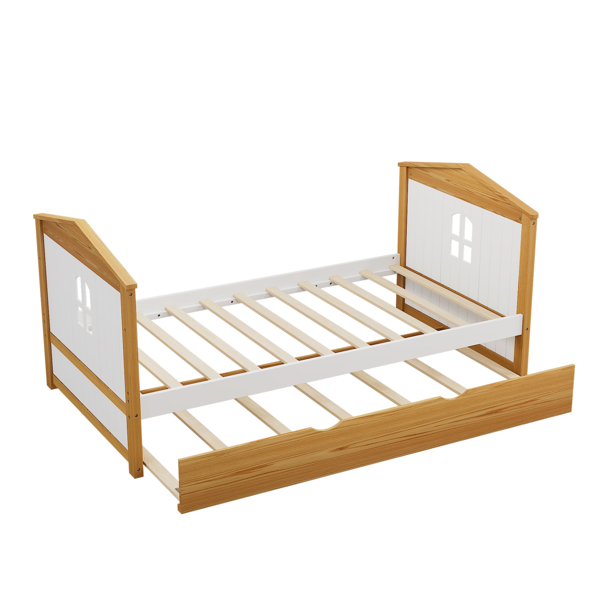 Twin Size House Shape Bed With Trundle Wooden Bed For Girls Boys Teens, No Box Spring Needed, Walnut And White Box Spring Not Required Twin White Walnut Wood Bedroom Cute Pine Bed Frame Wood