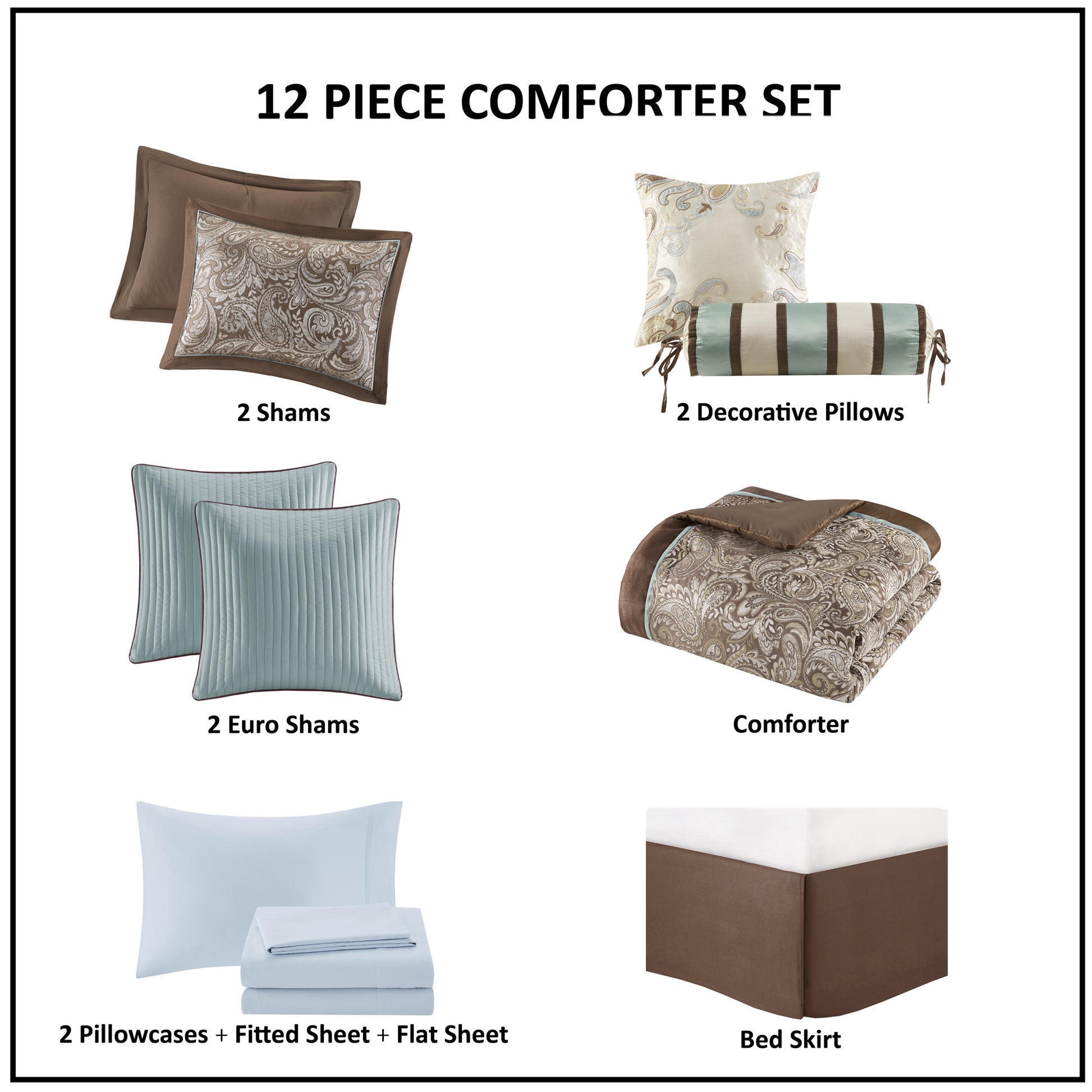 12 Piece Comforter Set With Cotton Bed Sheets Blue Brown King King Blue Brown Cotton