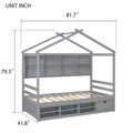 Twin House Bed With Roof Frame, Bedside Shelves, Under Bed Storage Unit,Grey Twin Grey American Design Pine