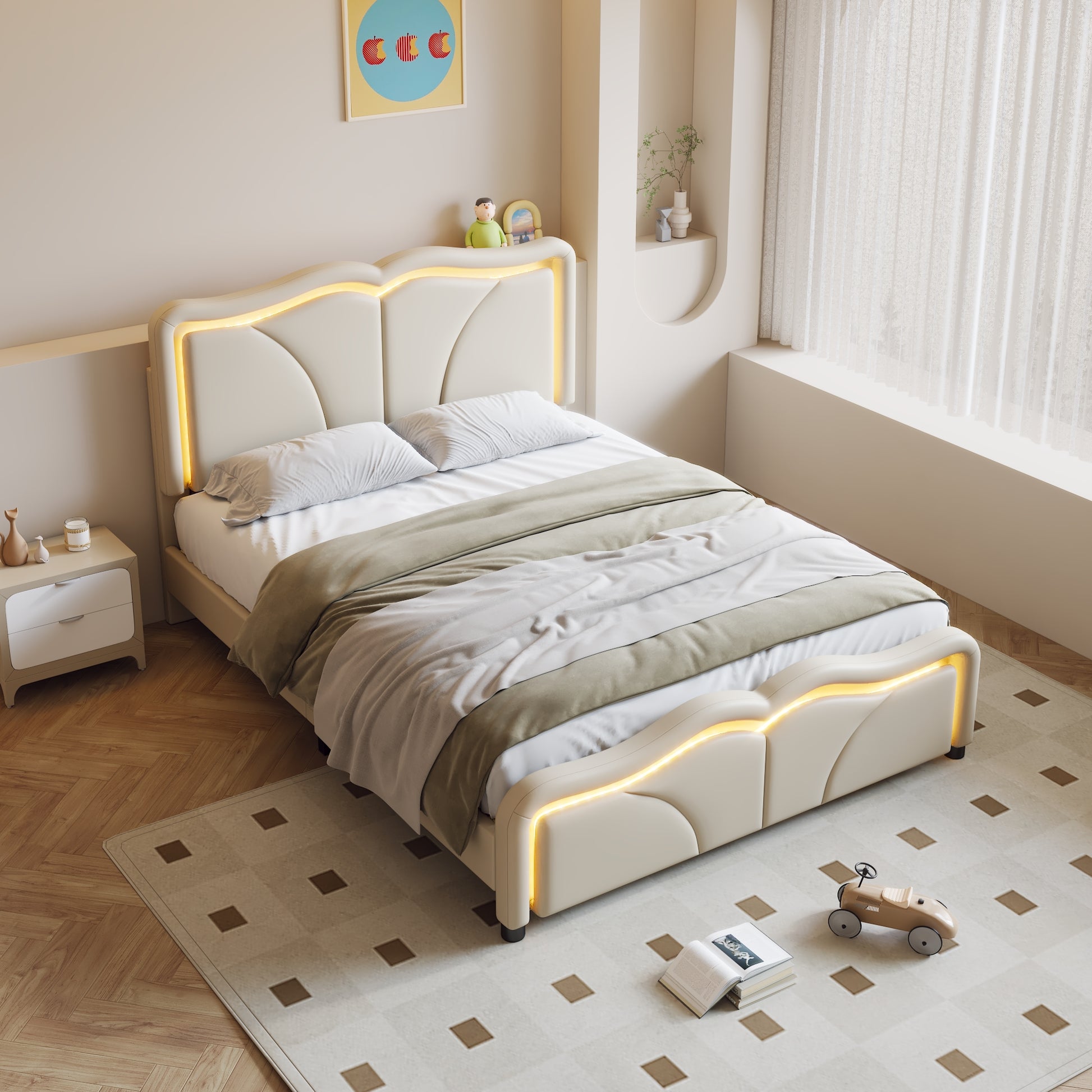 Full Size Upholstered Platform Bed With Curve Shaped And Height Adjustbale Headboard,Led Light Strips,White Full White Upholstered