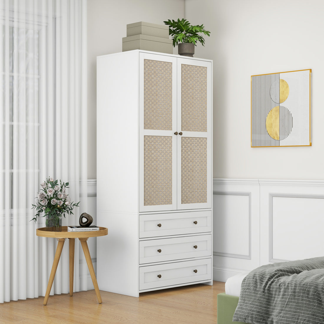 2 Door Wardrobe With 3 Drawers High Wardrobe Armoire With 2 Rattan Door For Living Room, Bedroom Organizer White Particle Board Mdf