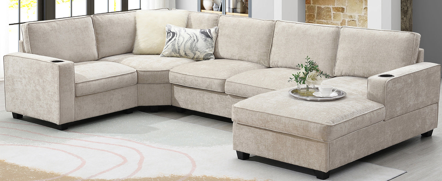 119*67" U Shaped Sectional Sofa,6 Seat Chenille Couch Set With Oversized Chaise Lounge,Irregular Corner,Deep Seat Comfy Sofa With Cup Holders For Living Room,Apartment,2 Colors Beige Chenille 6 Seat