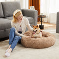 Anti Slip Round Fluffy Plush Faux Fur Cat Bed, Large Brown Brown Fabric