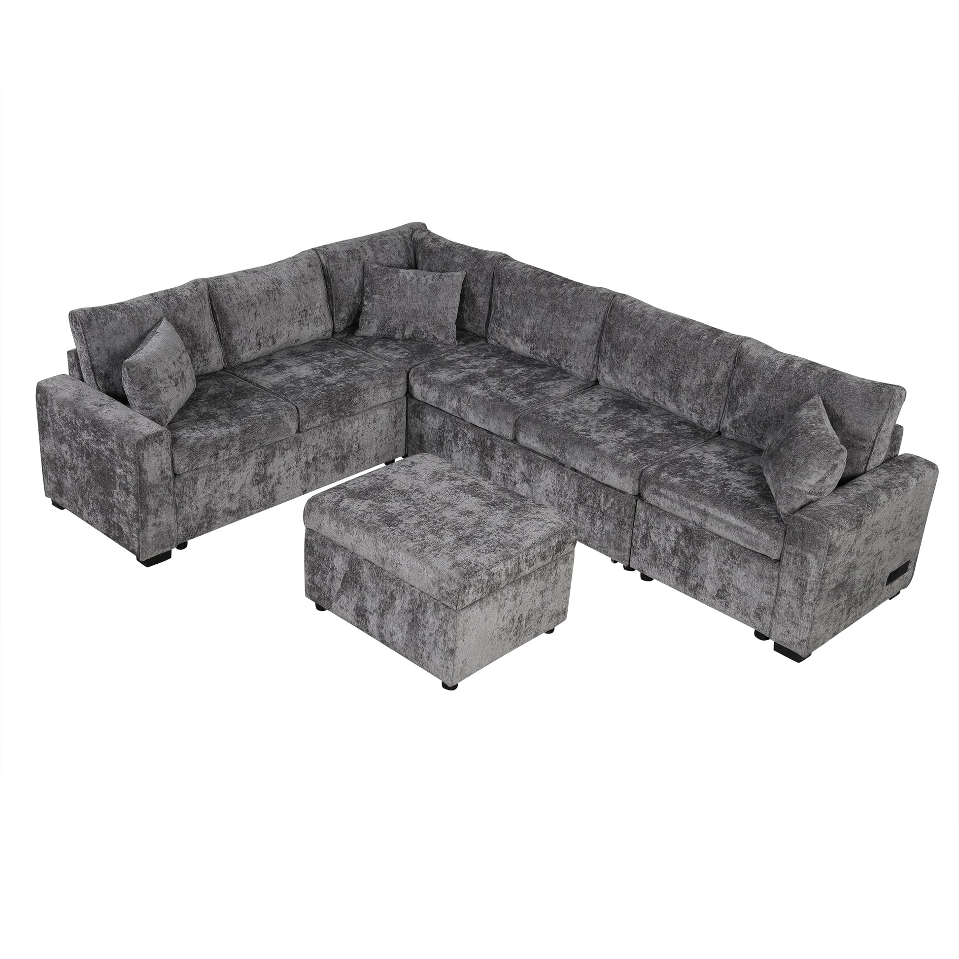 112.2" Sectional Sofa Pull Out Sofa Bed Sleeper With A Storage Ottoman,Three Pillows And Charging Devices For Living Room, Grey Grey Foam Chenille 6 Seat