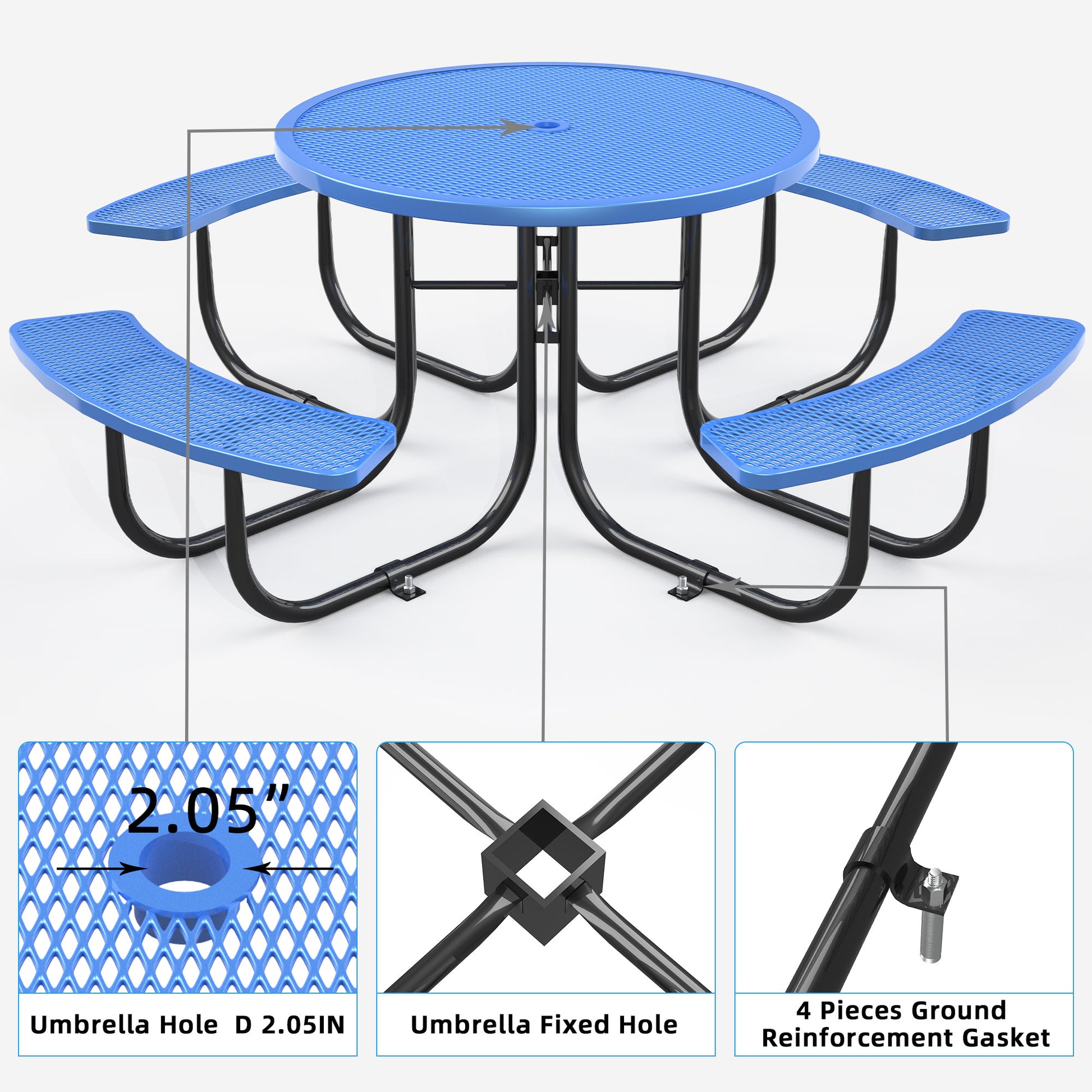 Round Outdoor Steel Picnic Table 46" With Umbrella Pole,Blue Blue Steel Steel