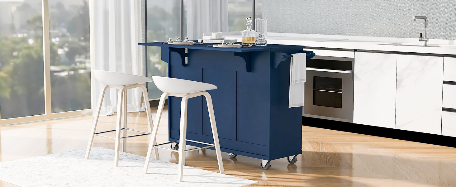 K&K 53.2'' Kitchen Island With Drop Leaf, Kitchen Storage Cart With Spice Rack, Towel Rack And 2 Drawers, Rolling Kitchen Island On Wheels With Adjustable Shelves For Kitchen, Dining Room, Navy Blue Navy Blue Brown Kitchen