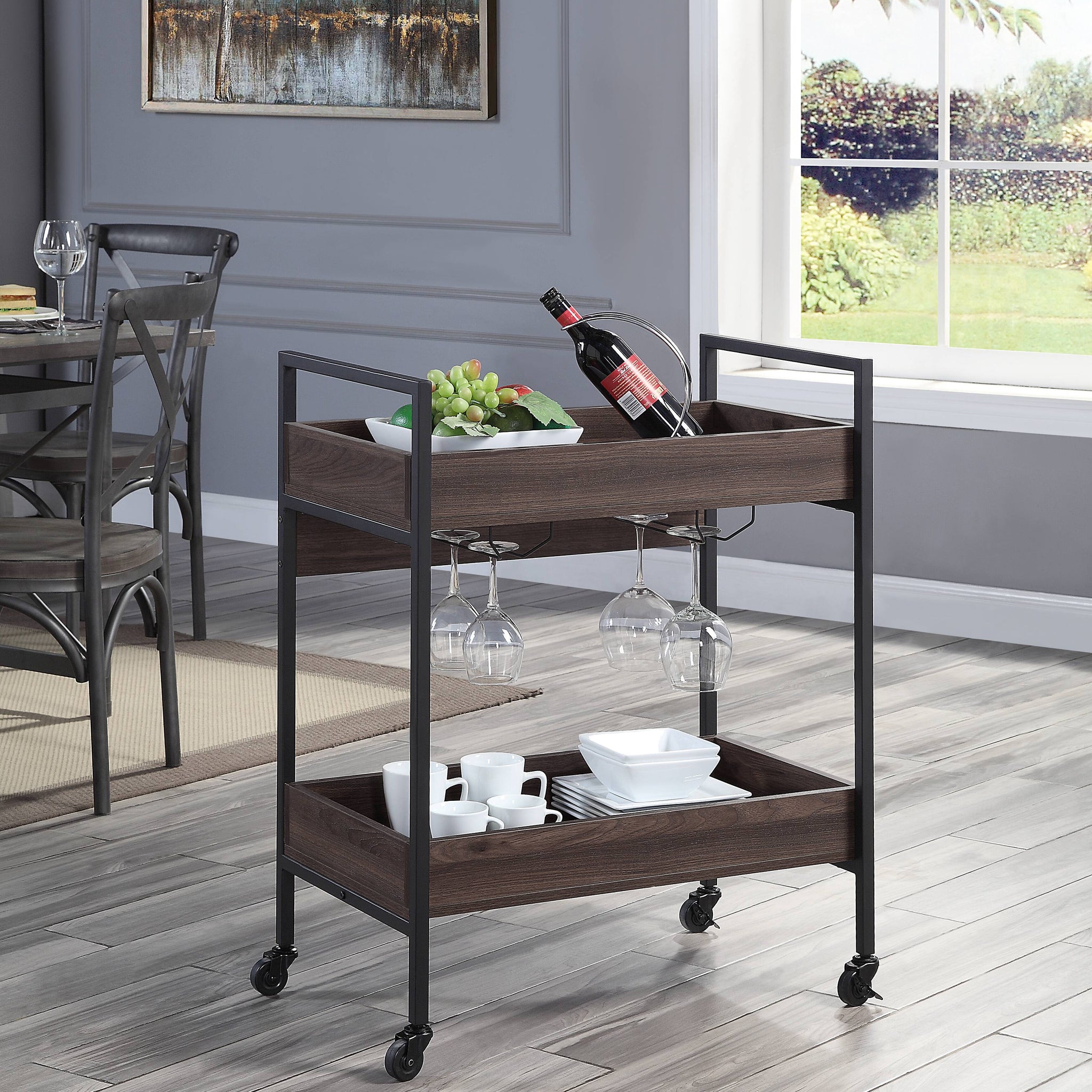 Jerrick Walnut & Black Finish Serving Cart Black,Walnut Metal,Synthetic Wood