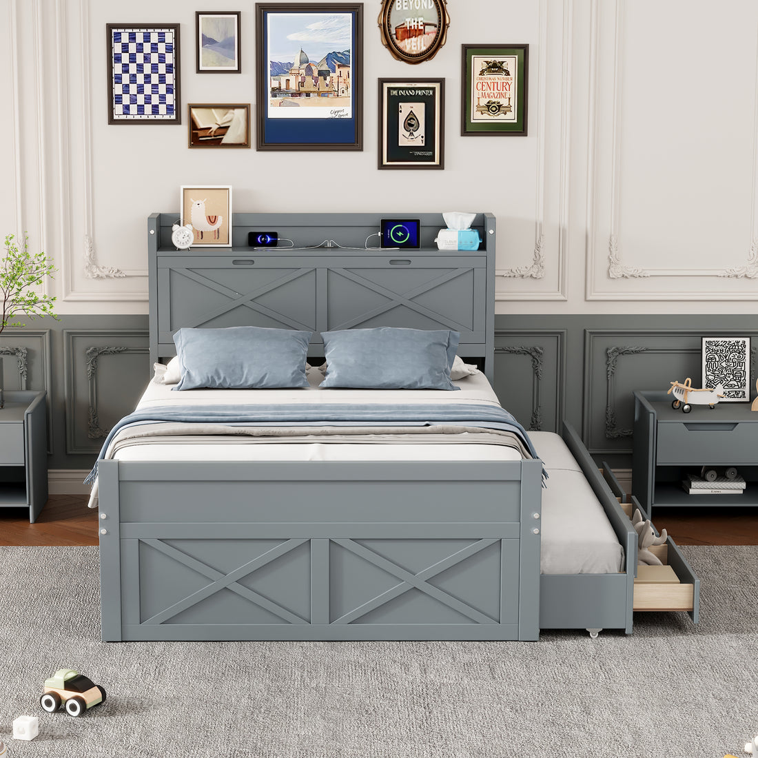 Full Size Wooden Bed With Storage Headboard With Outlets, Extendable Bed With Twin Size Trundle With Three Storage Drawers,Gray Expected Arrival Time:8.23 Full Gray Wood