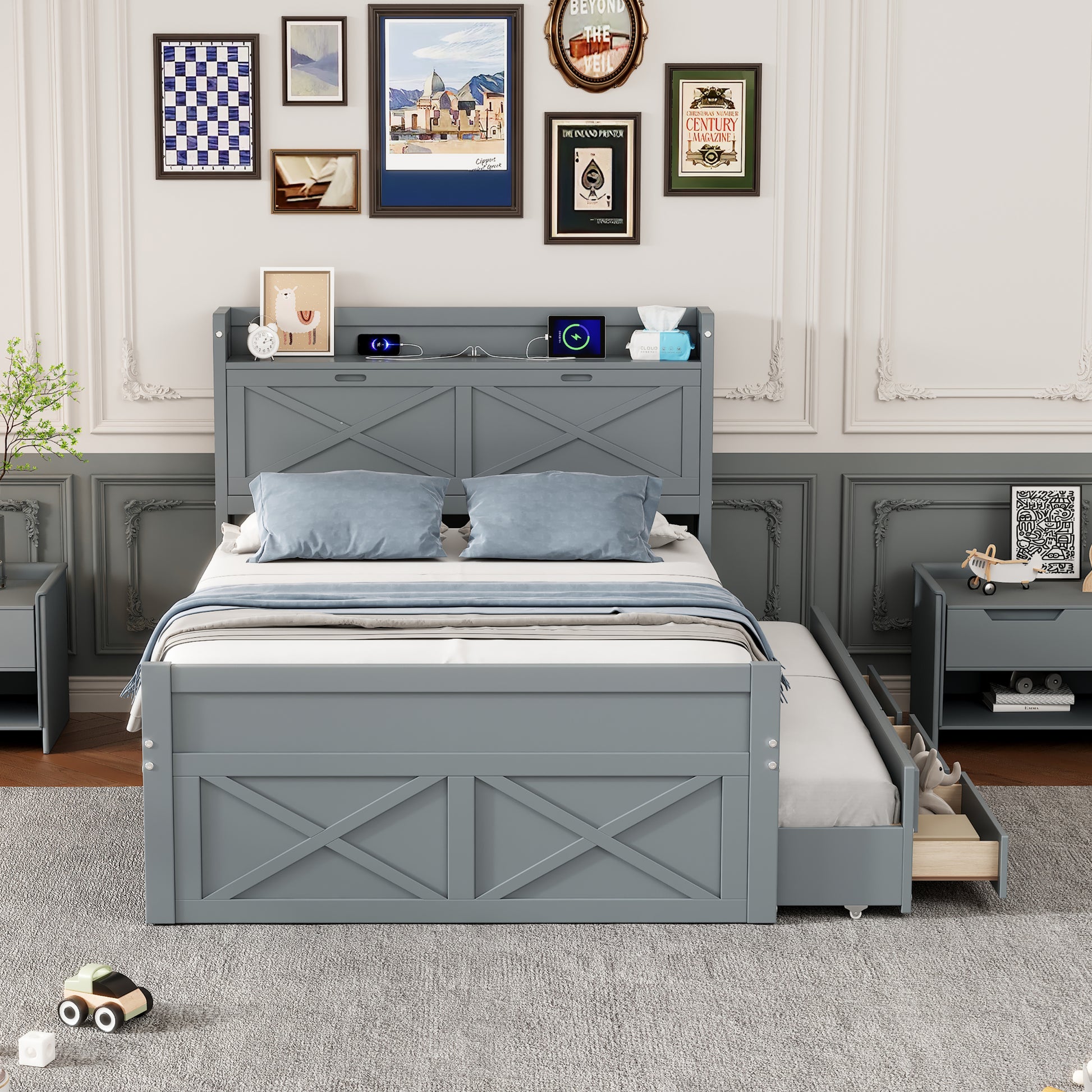 Full Size Wooden Bed With Storage Headboard With Outlets, Extendable Bed With Twin Size Trundle With Three Storage Drawers,Gray Expected Arrival Time:8.23 Full Gray Wood