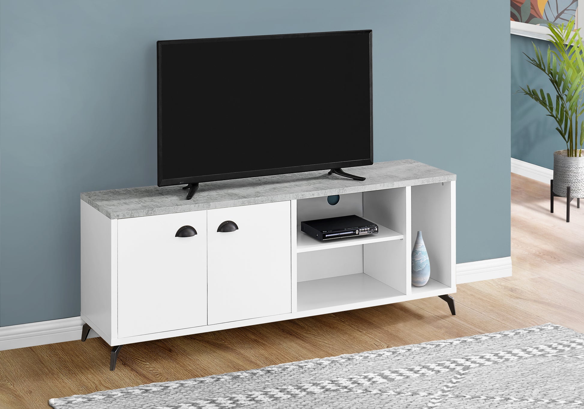 Tv Stand, 60 Inch, Console, Media Entertainment Center, Storage Cabinet, Living Room, Bedroom, White And Grey Laminate, Black Metal, Contemporary, Modern White 80 89 Inches Mdf