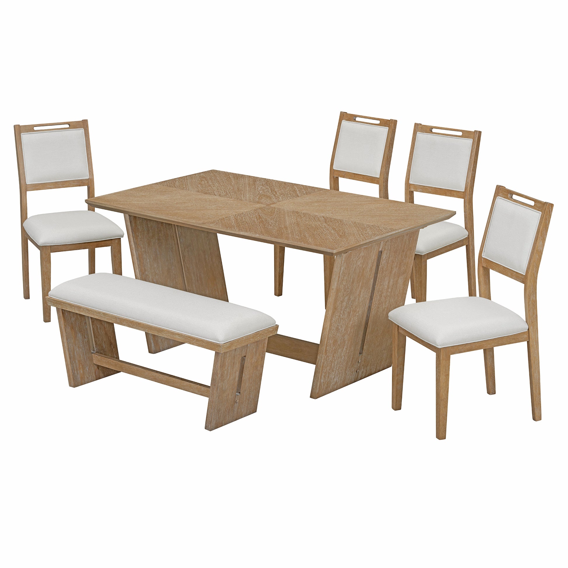 6 Piece Retro Dining Set, 1 Rectangular Table With Stable Trapezoidal Table Base And 4 Upholstered Chairs And 1 Bench For Dining Room And Kitchen Natural Wood Wash Natural Wood Wash Solid Wood Mdf