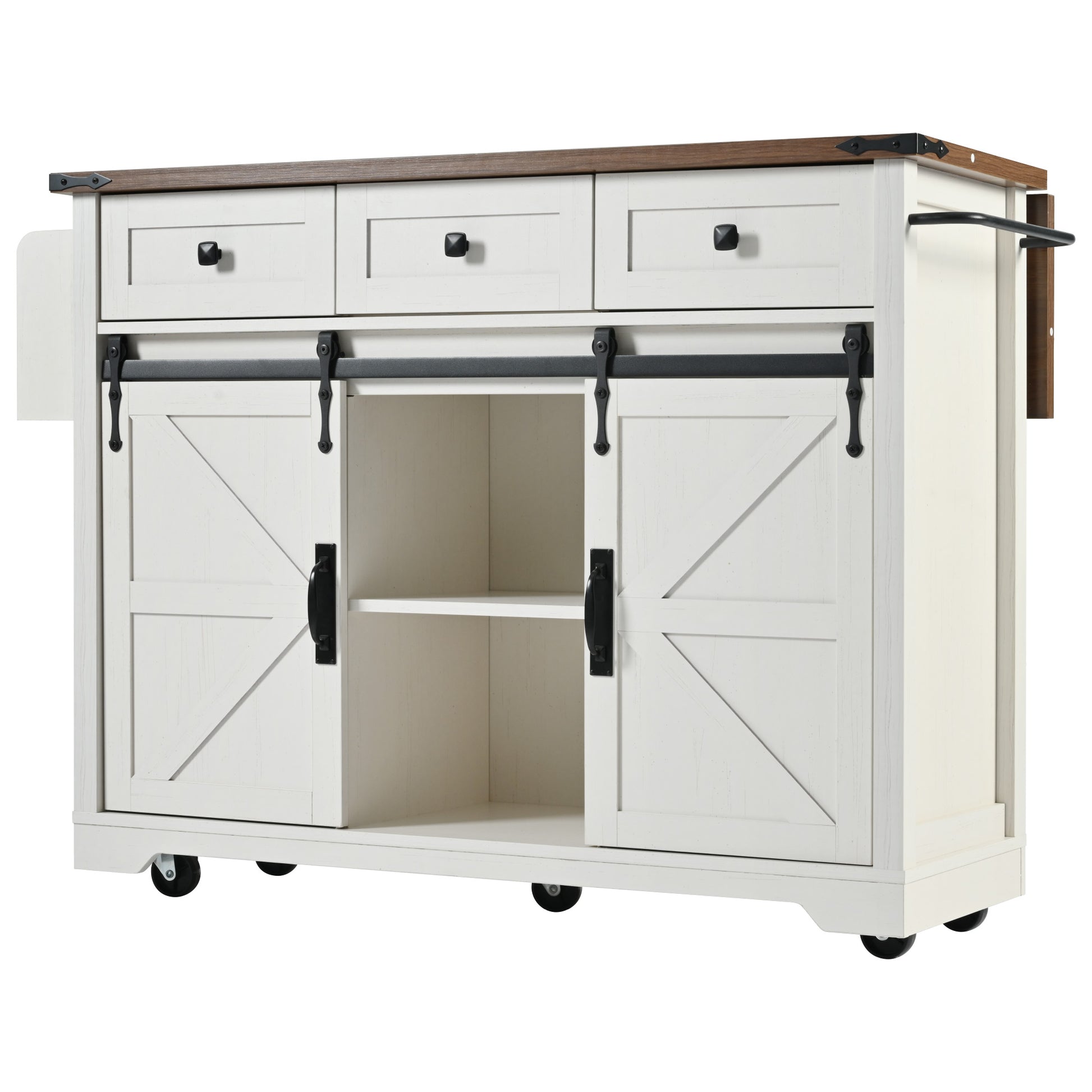 K&K 53.7" Farmhouse Kitchen Island With Power Outlet, 2 Sliding Barn Door Kitchen Storage Island With Drop Leaf, Spice Rack Rolling Kitchen Cart On Wheels, For Home, Kitchen And Dining Room, White