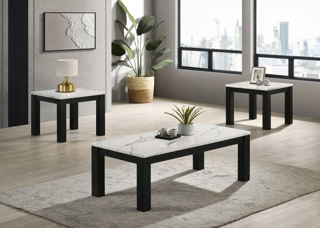 White Black 3 Piece Living Room Table Set Faux Marble Table Top Cocktail Table And Two Matching End Tables Wooden Furniture Black,White Primary Living Space Contemporary,Modern Wood