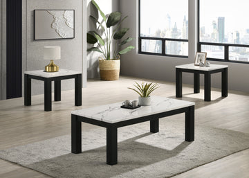 White Black 3 Piece Living Room Table Set Faux Marble Table Top Cocktail Table And Two Matching End Tables Wooden Furniture Black,White Primary Living Space Contemporary,Modern Wood