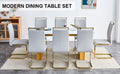 Table And Chair Set.Large Modern Rectangular Table With 0.4 Inch Patterned Glass Tabletop And Large Mdf Table Legs.Comes With 8 Chairs With Faux Leather Cushioned Seats And Golden Metal Legs. Gold White Seats 8 Mdf Glass