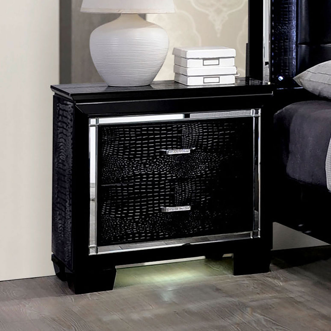 Contemporary 1Pc Nightstand Black Bedside Table Led Light English Dovetail Drawer Bedroom Furniture Black 2 Drawers Bedroom Bedside Cabinet Classic,Contemporary,Modern Easy Assembly Black