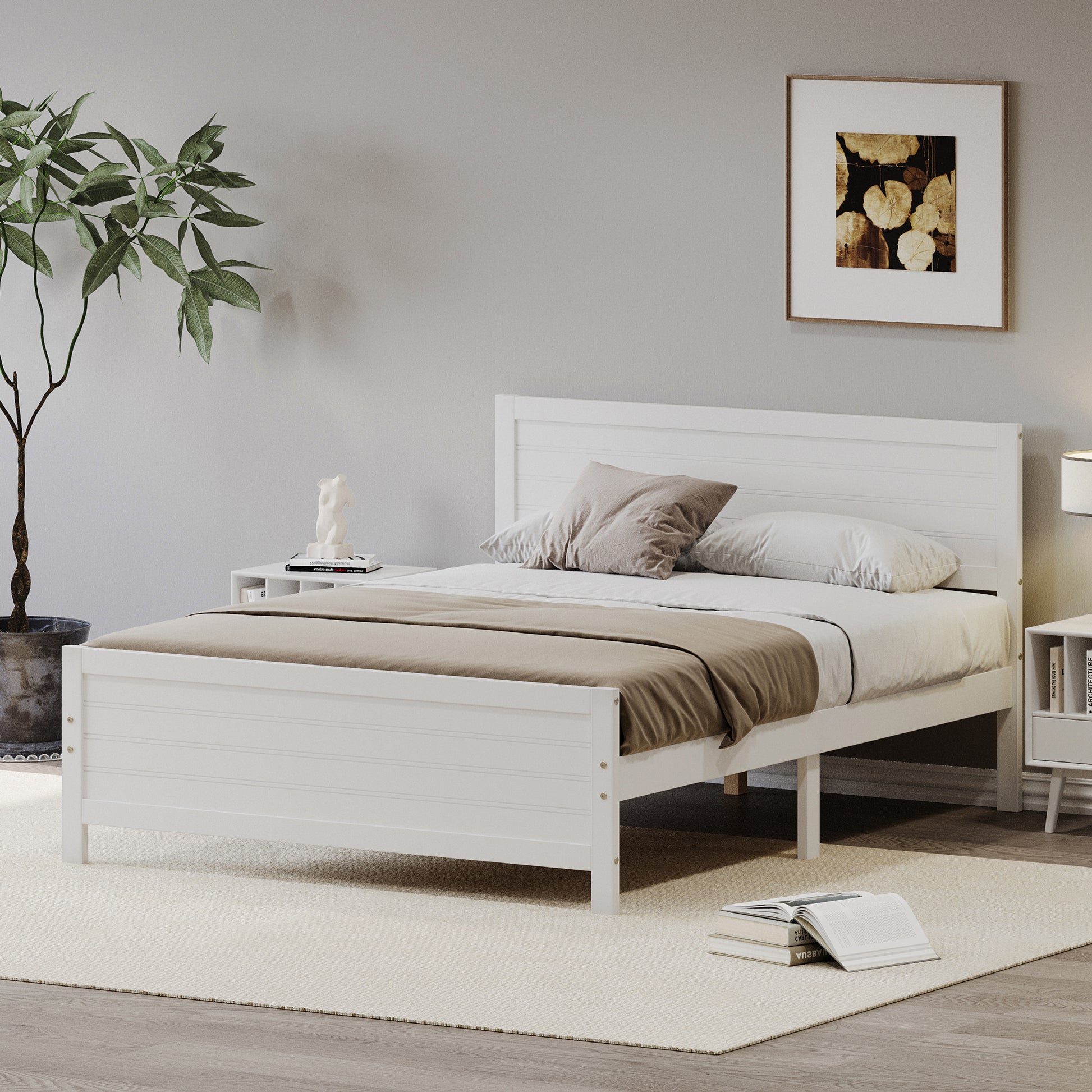 Wood Platform Bed Frame With Headboard, Mattress Foundation With Wood Slat Support, No Box Spring Needed, King Size, White Box Spring Not Required King White Wood Solid Wood Mdf