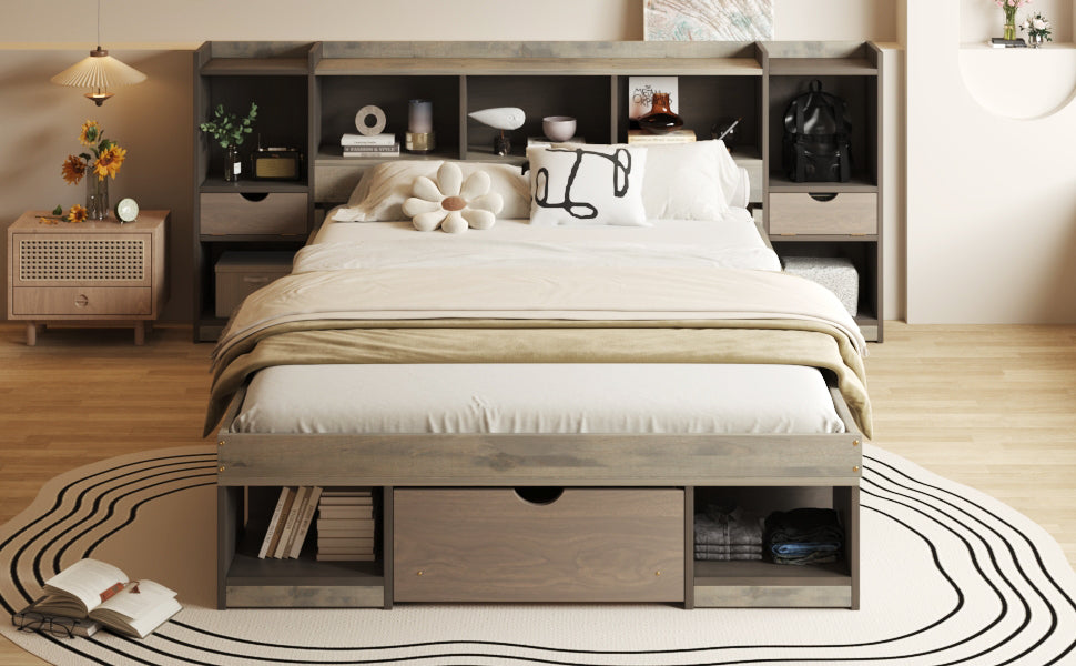 Queen Size Wood Platform Bed With Multi Storage Headboard And A Drawer, Gray Box Spring Not Required Queen Gray Wood Bedroom Bed Frame Solid Wood Mdf