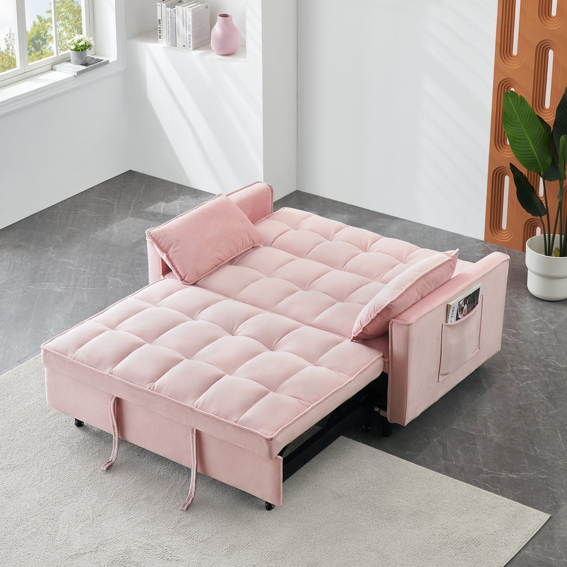 55 Inches Pink Modern Velvet Sofa, Seating Sofa With Backrest, Soft And Comfortable Living Room Furniture, 3 In 1 Convertible Sofa Bed For Living Room Bedroom Pink Velvet 2 Seat