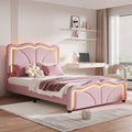 Twin Size Upholstered Platform Bed With Curve Shaped And Height Adjustbale Headboard,Led Light Strips,Pink Twin Pink Upholstered