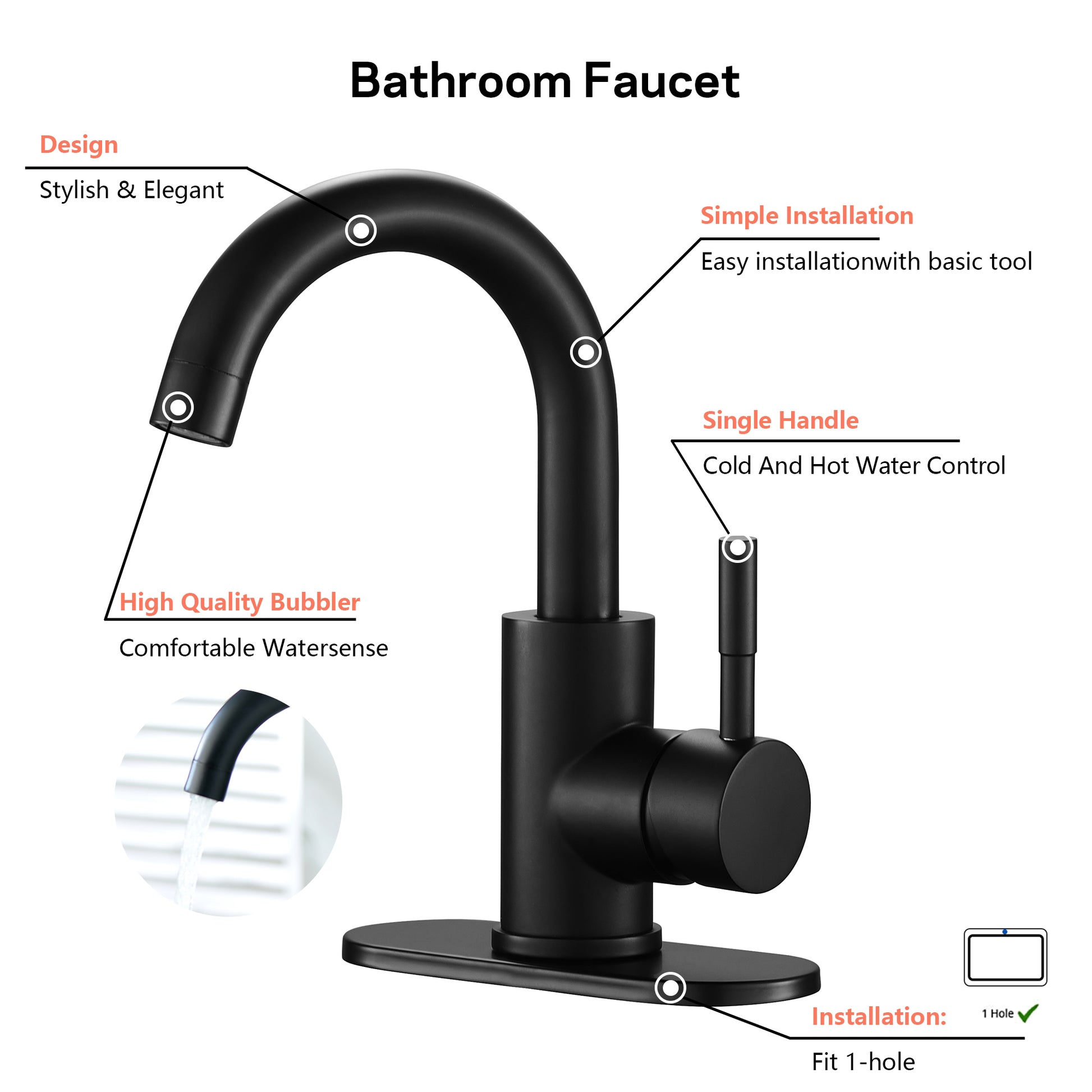 Black Bathroom Faucet Single Hole Single Handle, Matte Black One Matte Black Deck Mounted Single Hole Faucets Bathroom Matte Black 1 Hole Faucets Stainless Steel