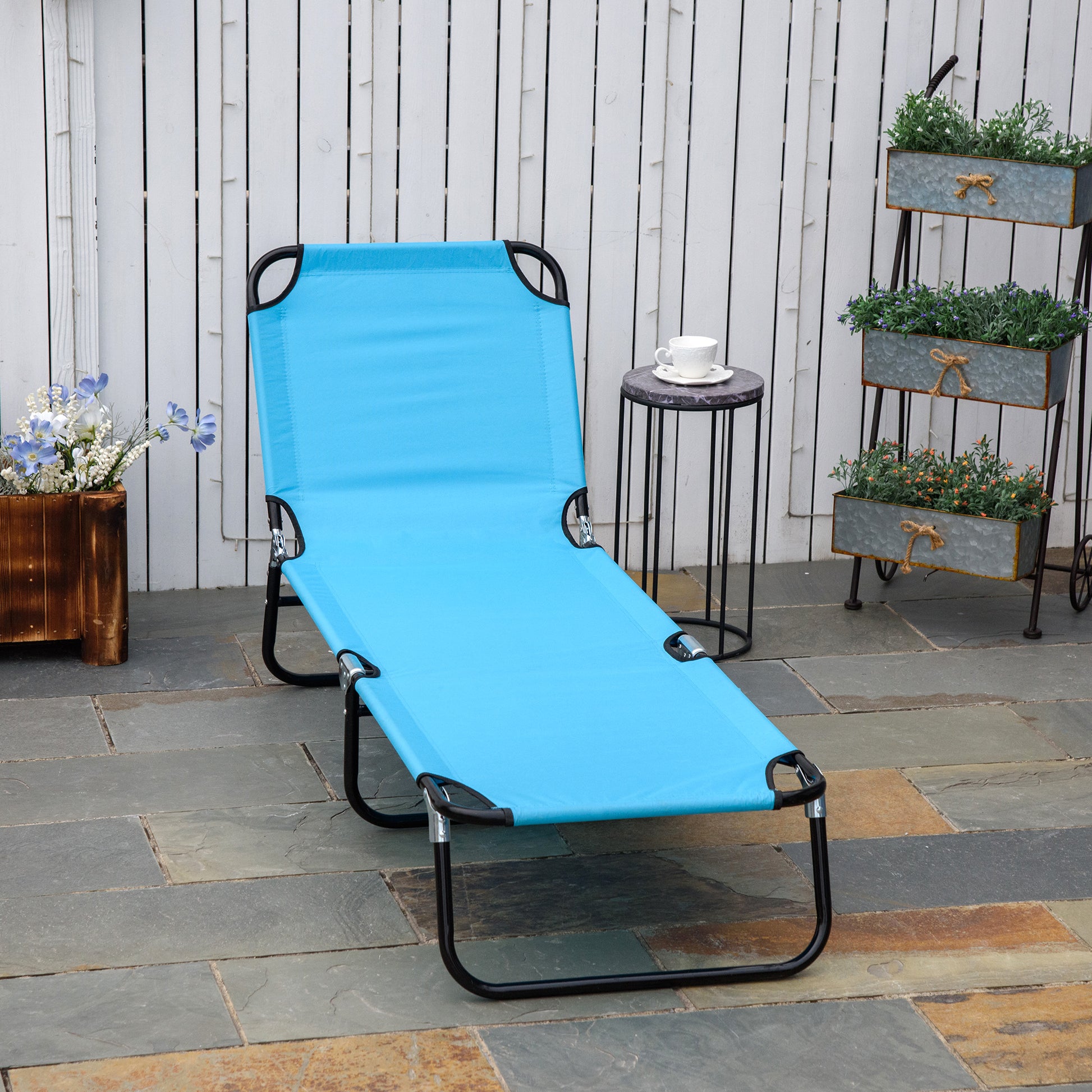 Outsunny Folding Chaise Lounge Pool Chairs, Outdoor Sun Tanning Chairs With 5 Level Reclining Back, Steel Frame For Beach, Yard, Patio, Sky Blue Blue Steel