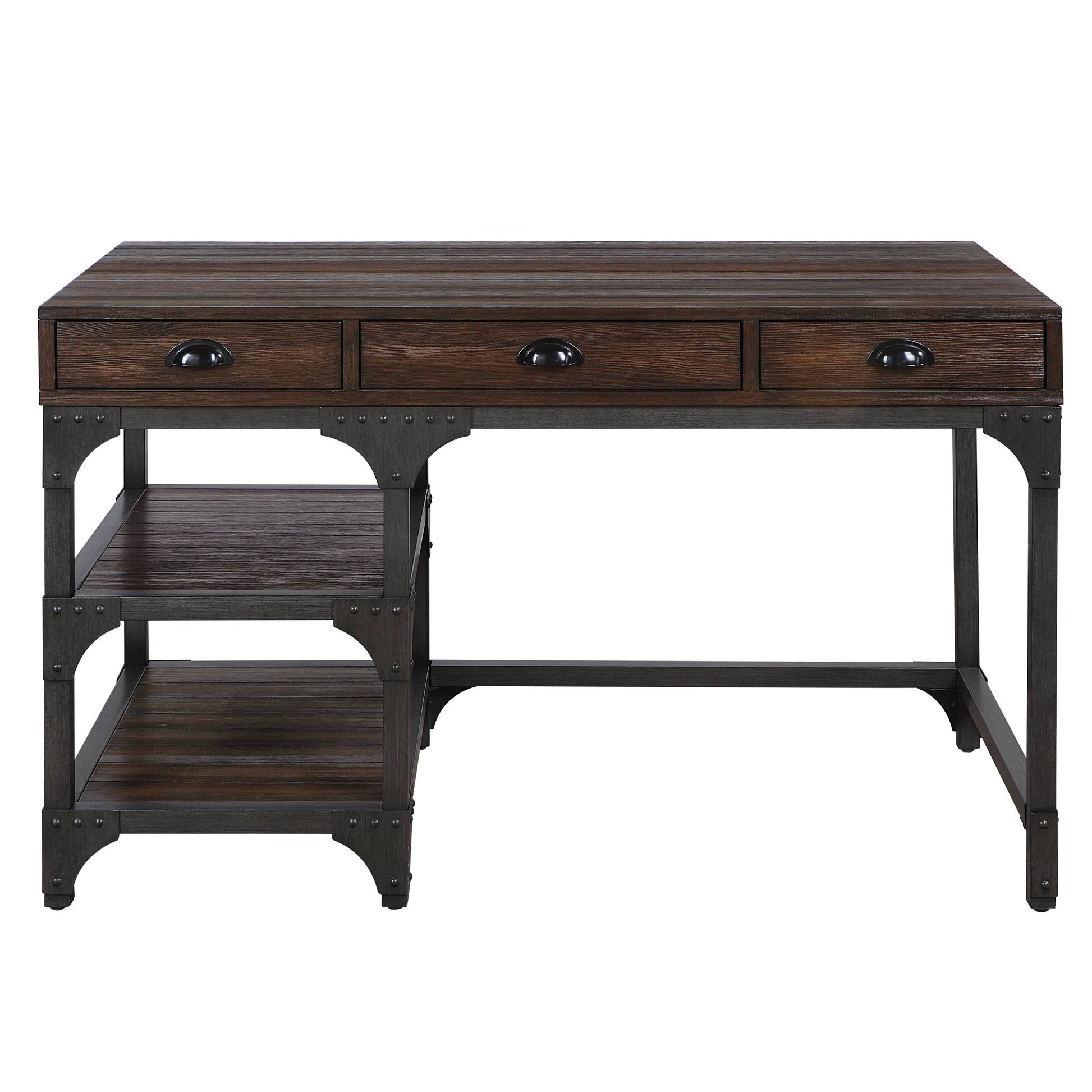 Espresso Oak And Antique Black 3 Drawer Writing Desk Espresso Writting Desk Office Industrial Freestanding Rectangular Drawers Wood Metal