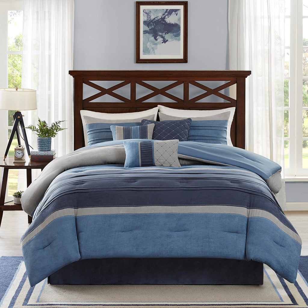 7 Piece Microsuede Comforter Set Navy King King Navy Polyester