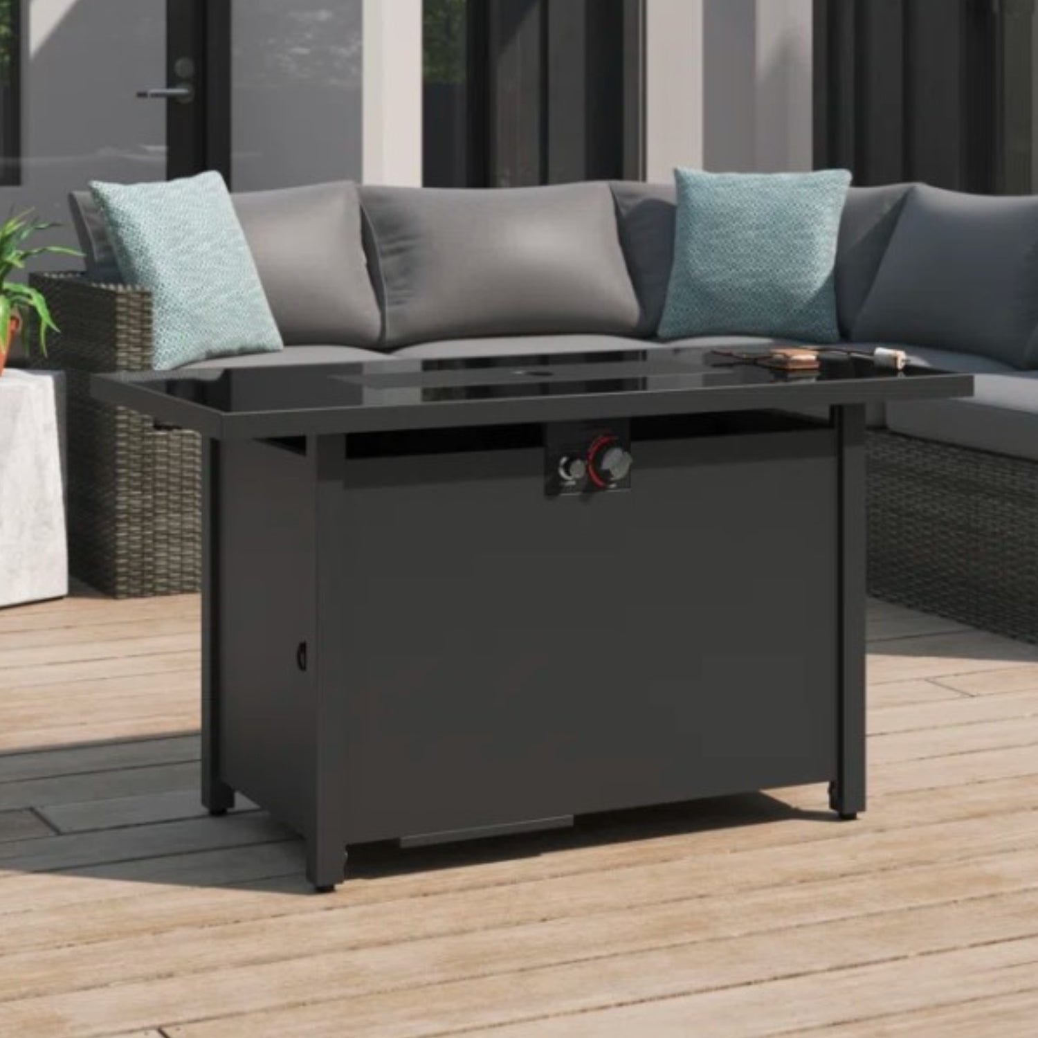 25" H X 42" W Steel Outdoor Fire Pit Table With Lid Dark Grey Garden & Outdoor Modern Stone Steel