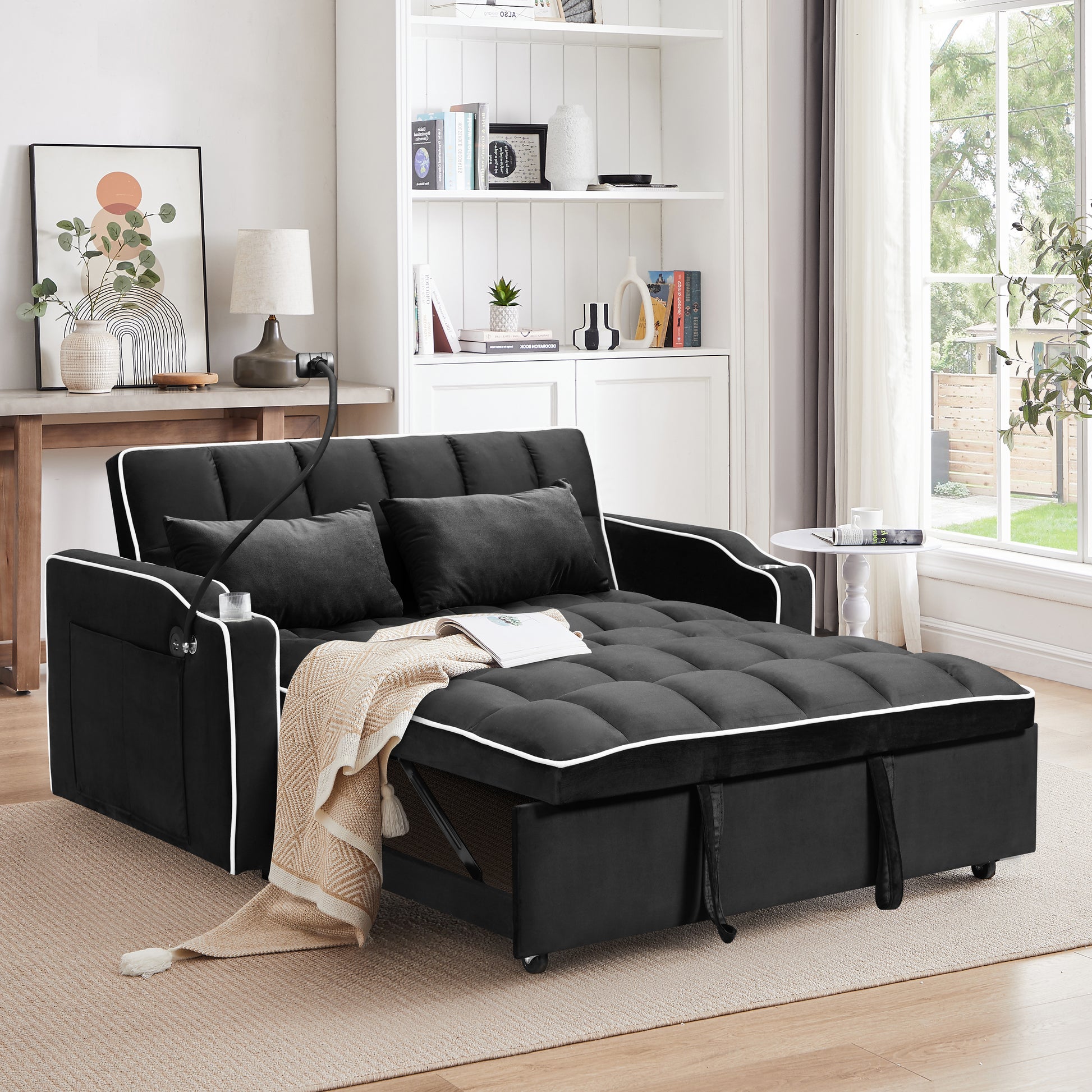 Multi Functional Pullout Sofa Bed, 3 Lengths, Modern Sofa Sofa Velvet Pull Out Bed, Adjustable Back, With Usb Port, Ashtray And Swivel Phone Stand Black Light Brown Wood Primary Living Space Medium