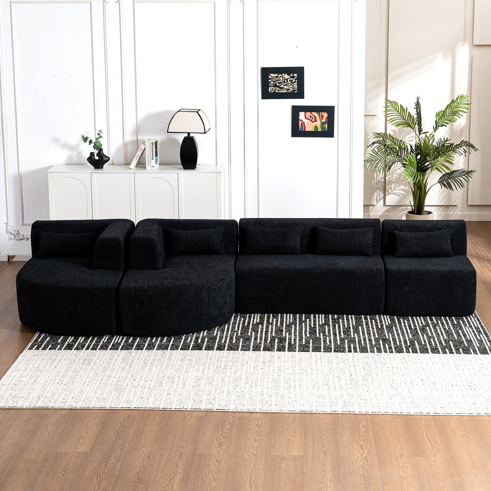 143.7" Upholstered Sofa Free Combined Sofa Couch With Two Chaise Lounge And Five Back Pillows For Living Room, Black Black Foam Polyester 5 Seat