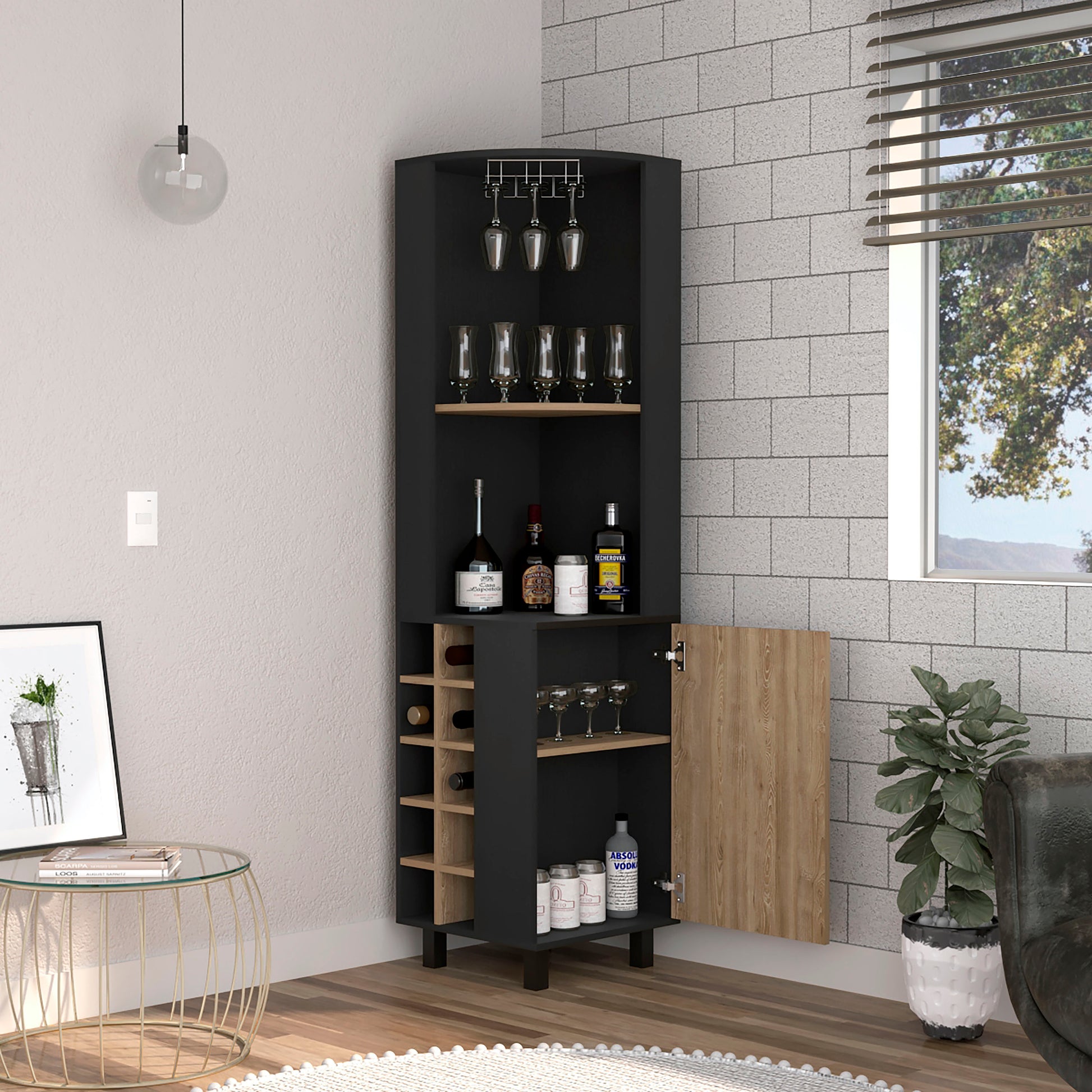 Corner Bar Single Door Cabinet Two Shelves, Ten Built In Wine Rack, Two Interior Shelves, Black Pine Multicolor Solid Wood Mdf Engineered Wood