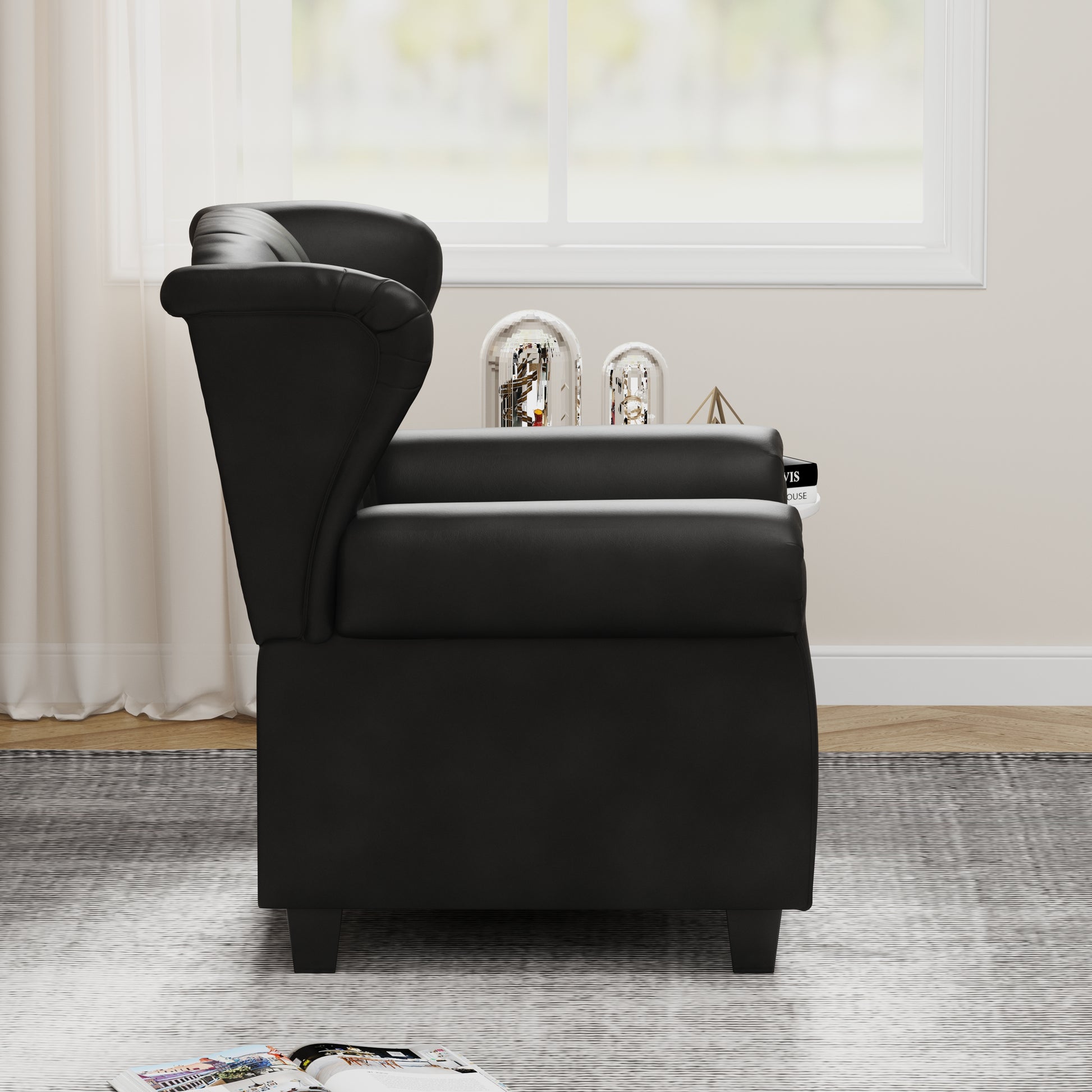 Modern Tufted Push Back Armchair Technical Leather Chair, Adjustable Single Sofa Chair With Sturdy Wood Legs For Bedroom, Living Room, Small Space Color:Black Black Primary Living Space Mid Century