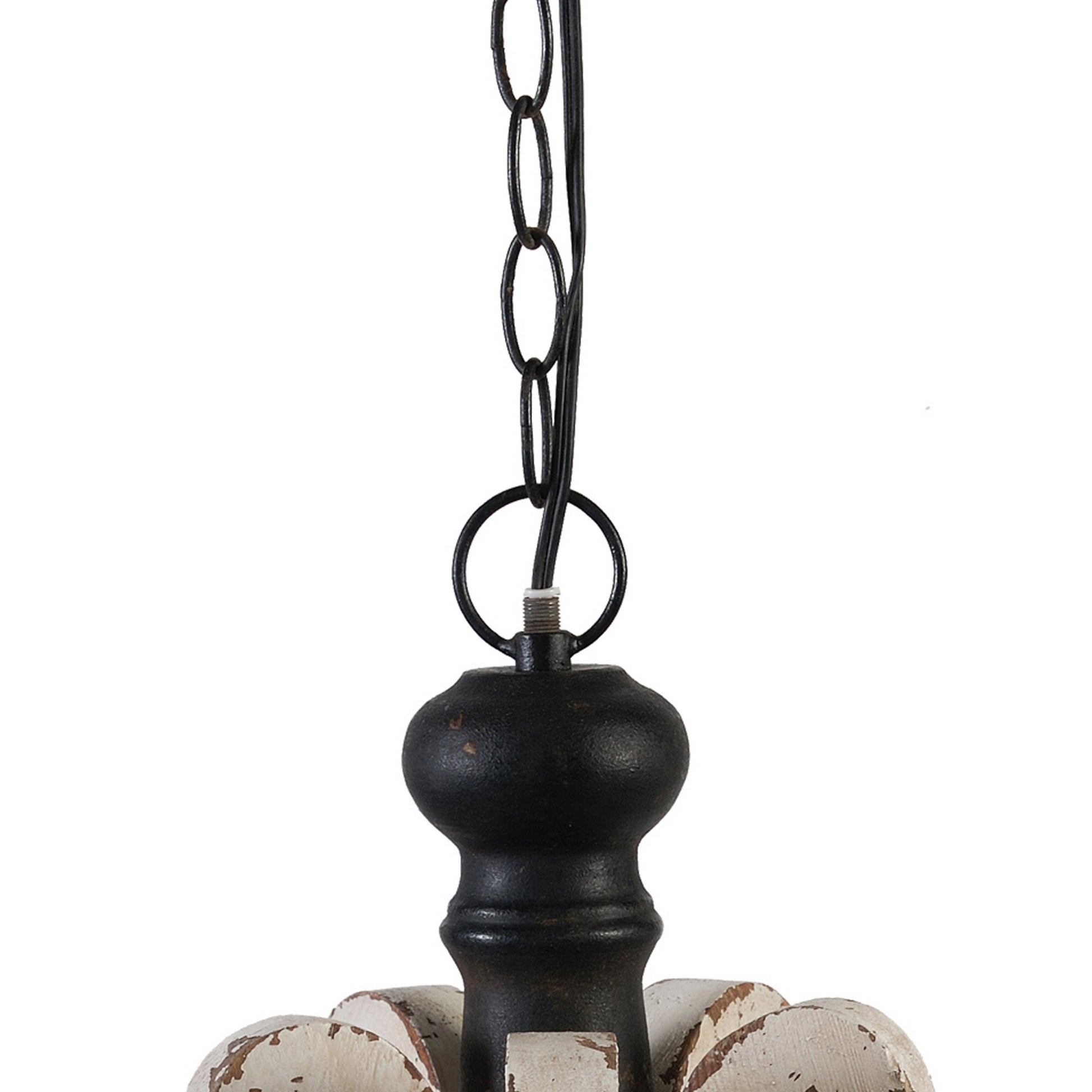 13 Inch 1 Light Chandelier, Classic Fir Wood Scrollwork, Iron, White, Black White Black Metal & Wood