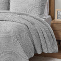 Embroidered Medallion Faux Fur Ultra Plush Comforter Mini Set Queen Grey Polyester