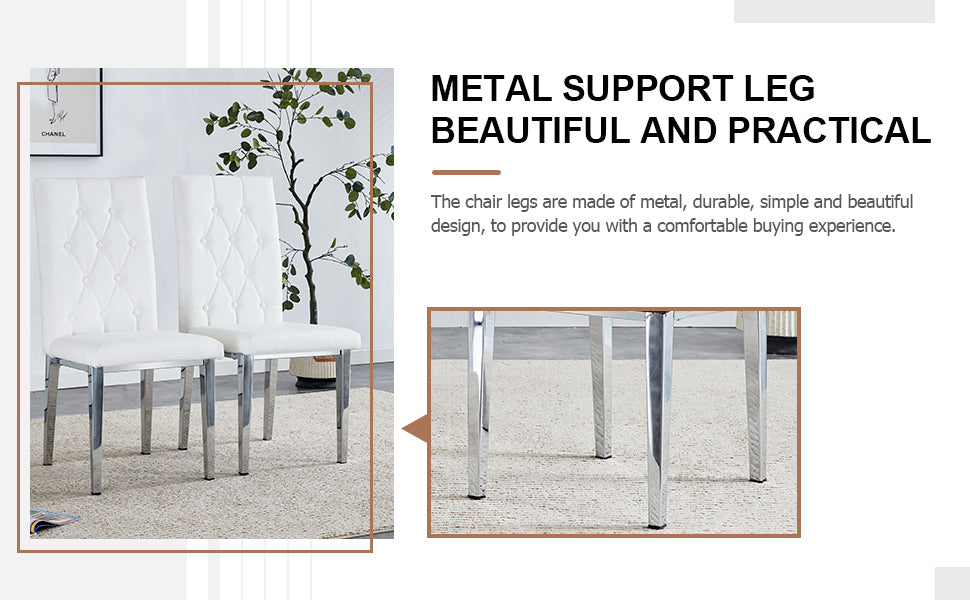 2 Piece Dining Chair Set, Modern Style Kitchen Soft Cushion High Backrest, With Embedded Buttons, Metal Leg Office Chair, Suitable For Restaurants, Offices, And Restaurants. White Pu