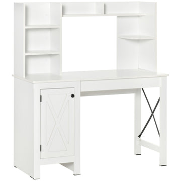 Homcom Farmhouse Computer Desk With Hutch And Cabinet, Home Office Desk With Storage, For Study, White White Particle Board