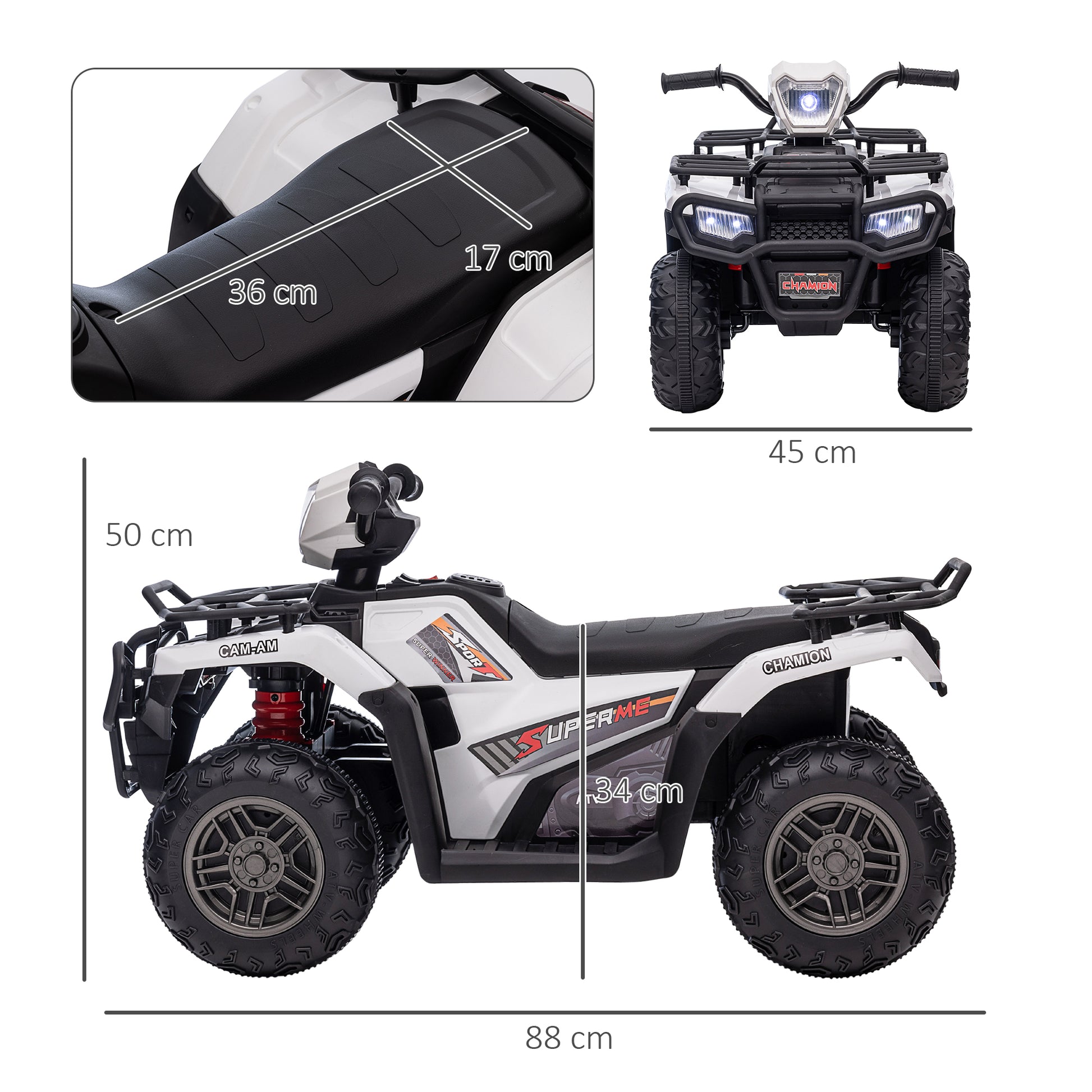 Aosom 12V Ride On Atv For Kids, Kids Electric 4 Wheeler With Headlight, Music, Mp3, Treaded Tires, Battery Powered Kids Quad For Toddler, White White Plastic