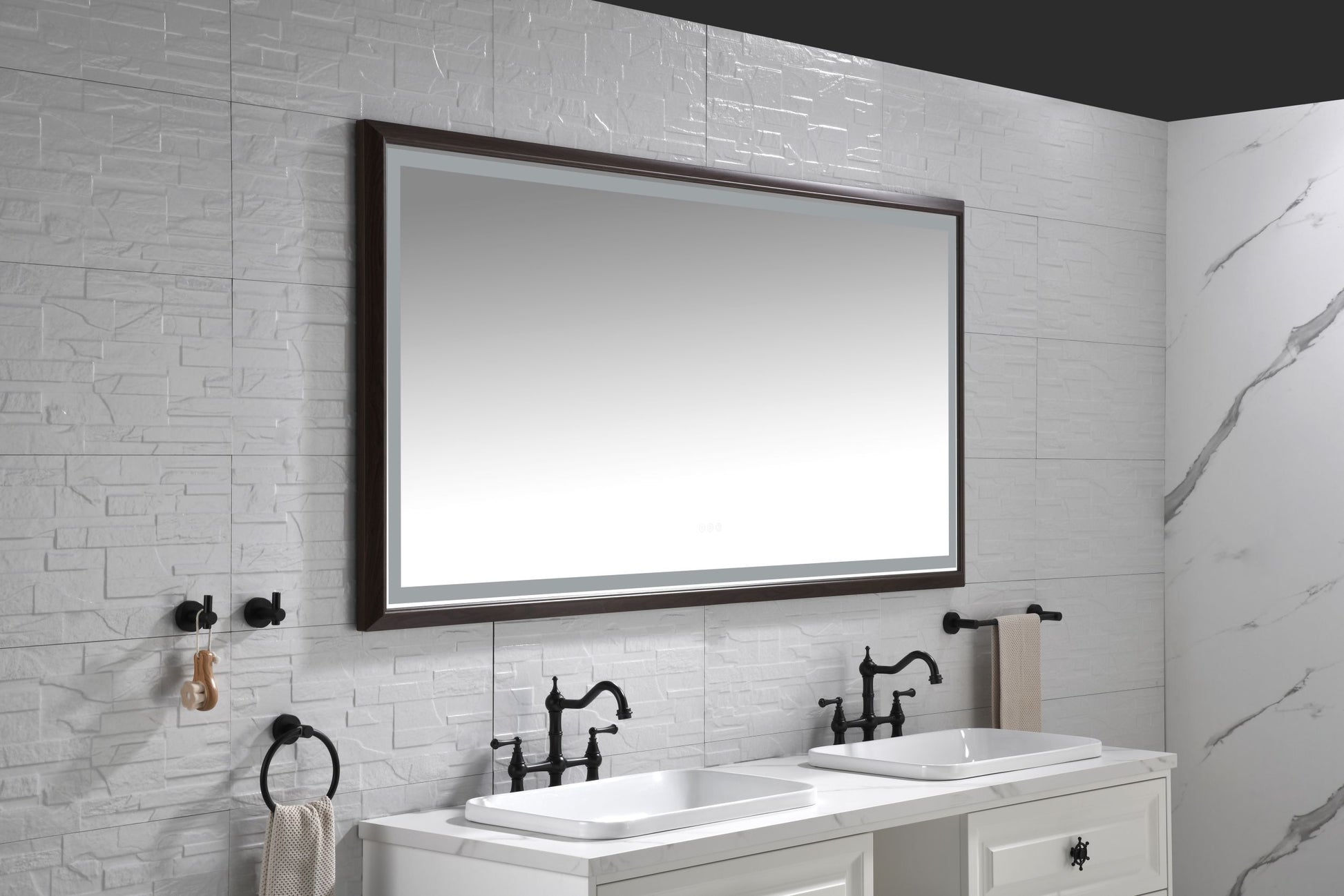 Bathroom Led Mirror Is Multi Functional And Each Function Is Controlled By A Smart Touch Button. Brown Aluminium