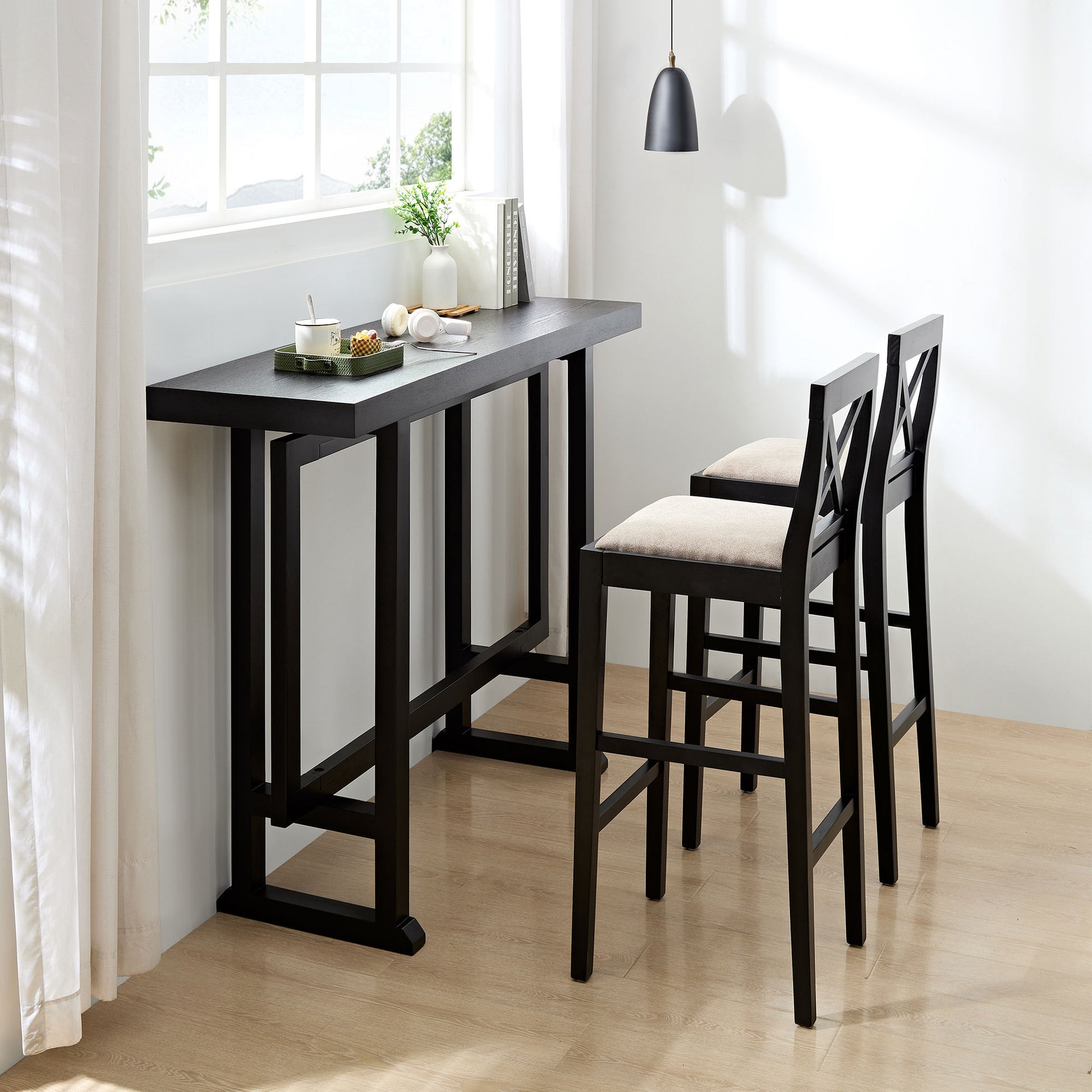 Bar Table,Bar Chair, Extra Long Entryway Table For Entryway, Hallway, Living Room, Foyer, Corridor, Rectangular Wood High Top Kitchen Dining Table, Black Matt Black Solid Wood Mdf