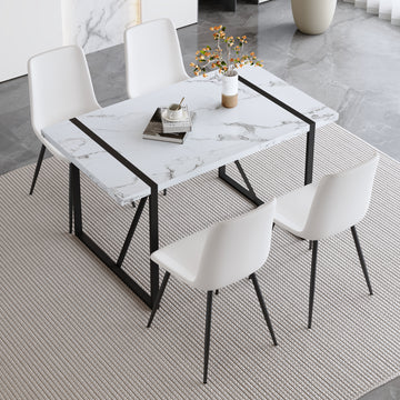 Table And Chair Set.A Modern Minimalist White Marble Veined Mdf Dining Table With Metal Frame.Paried With 4 Chairs With Pu Cushions And Black Metal Legs. White Seats 4 Mdf Metal