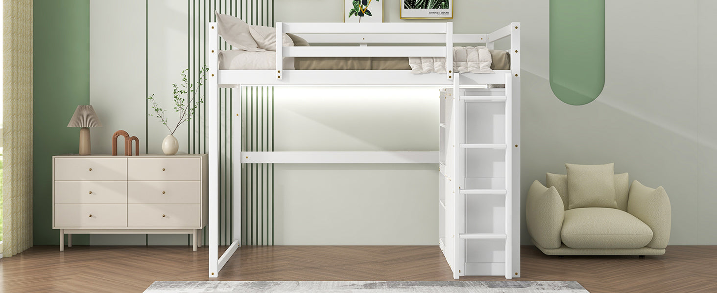 Wood Full Size Loft Bed With Built In Wardrobe And Storage Shelves, Led Light, White Box Spring Not Required Full White Wood Bedroom Bed Frame Solid Wood Mdf