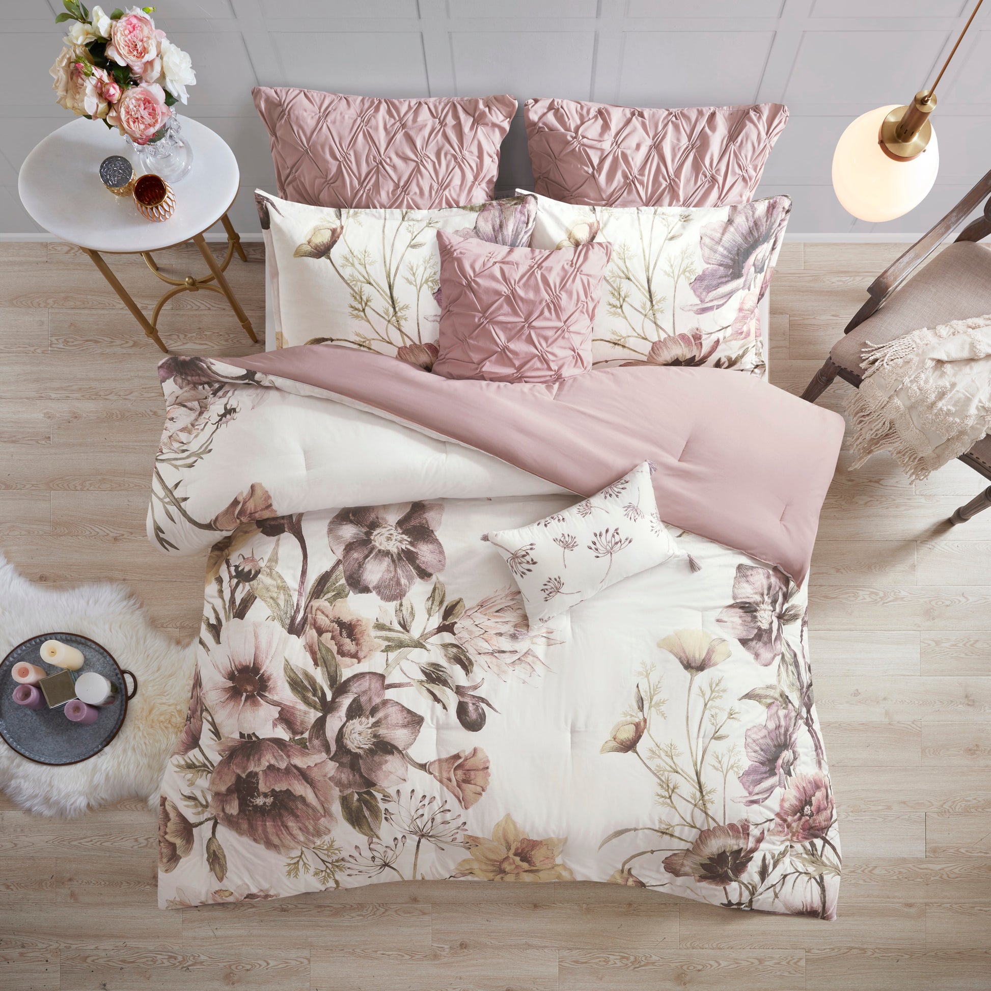 8 Piece Cotton Printed Comforter Set Blush Queen Queen Blush Polyester