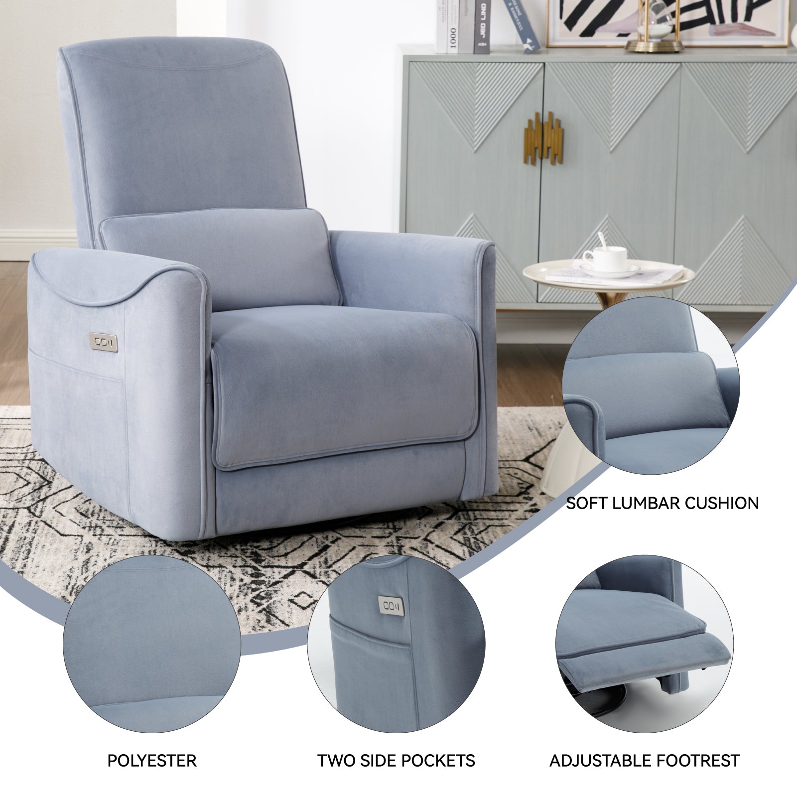 Blue Swivel And Rocker Power Recliner Chair, Heavy Duty Motion Mechanism With Usb And Type C Ports Blue Polyester Power Push Button Metal Primary Living Space Medium Firm Tight Back Heavy Duty American Design Pine Square Arms Fiber Foam And Polyester