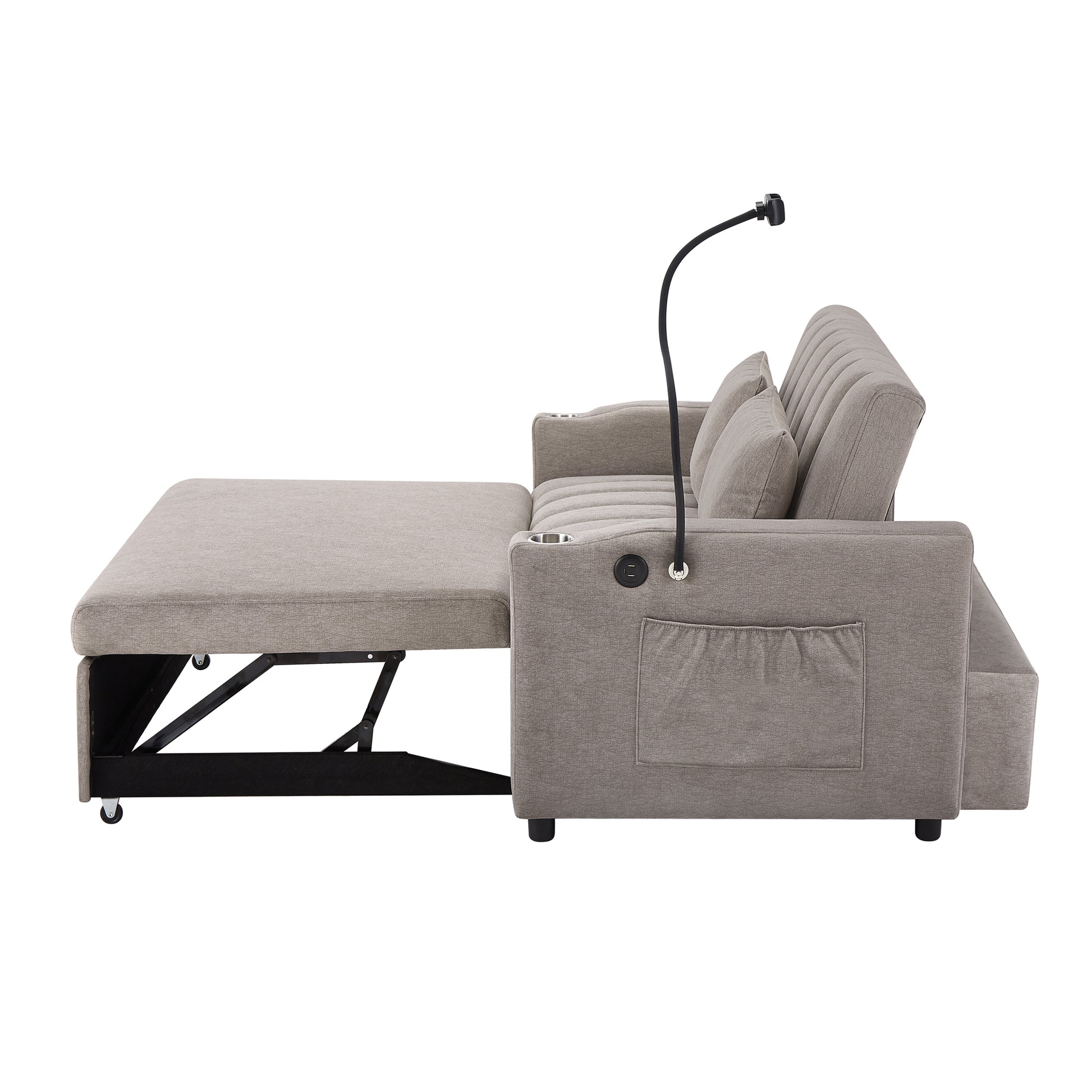 55.9" Convertible Sofa Bed Loveseat Sofa With Three Usb Ports, Two Side Pockets, Two Cup Holders And 360 Swivel Phone Holder For Living Room, Light Grey Light Grey Foam Polyester 2 Seat